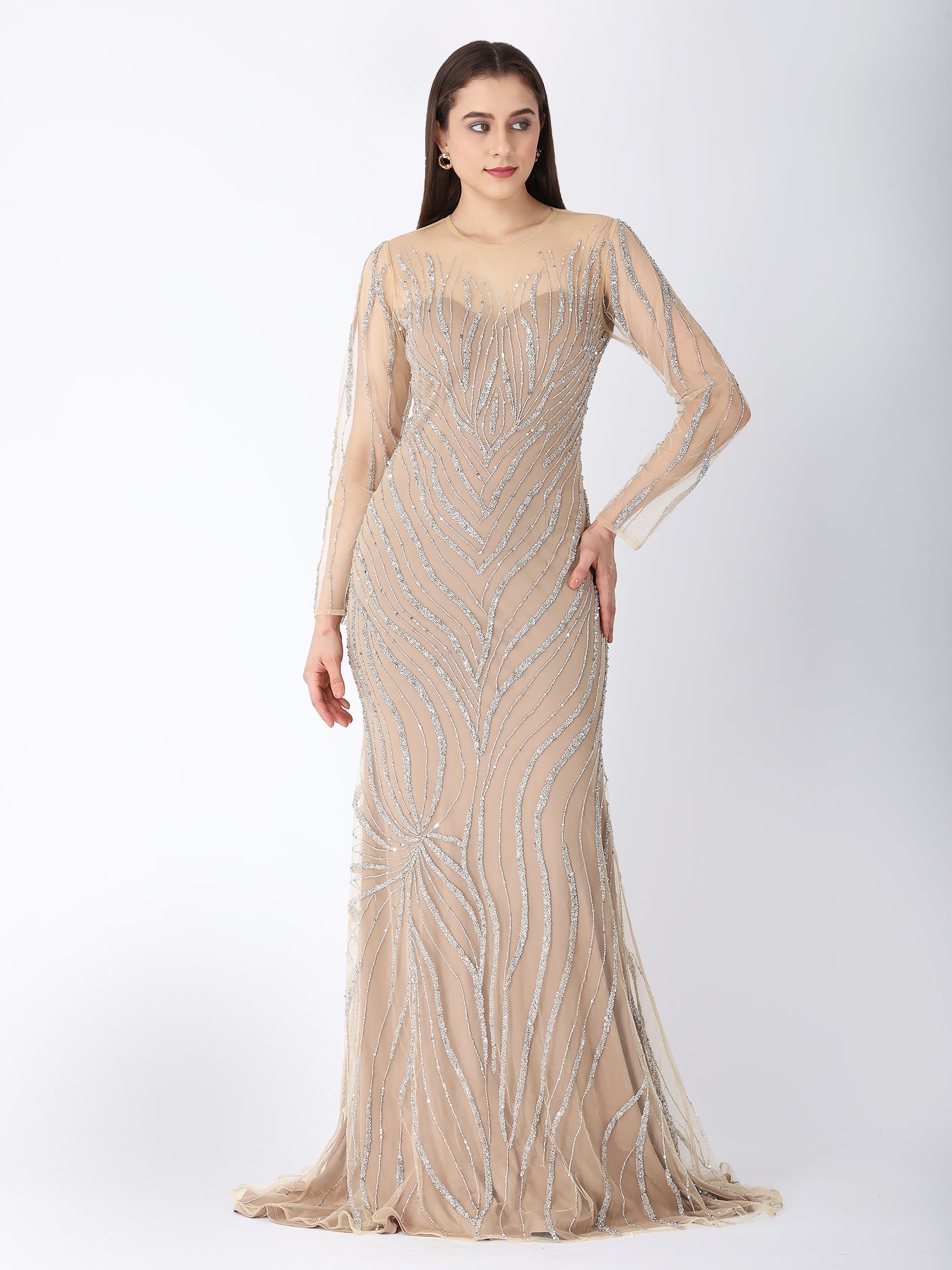 Beige Glam Hand Embroidered Gown