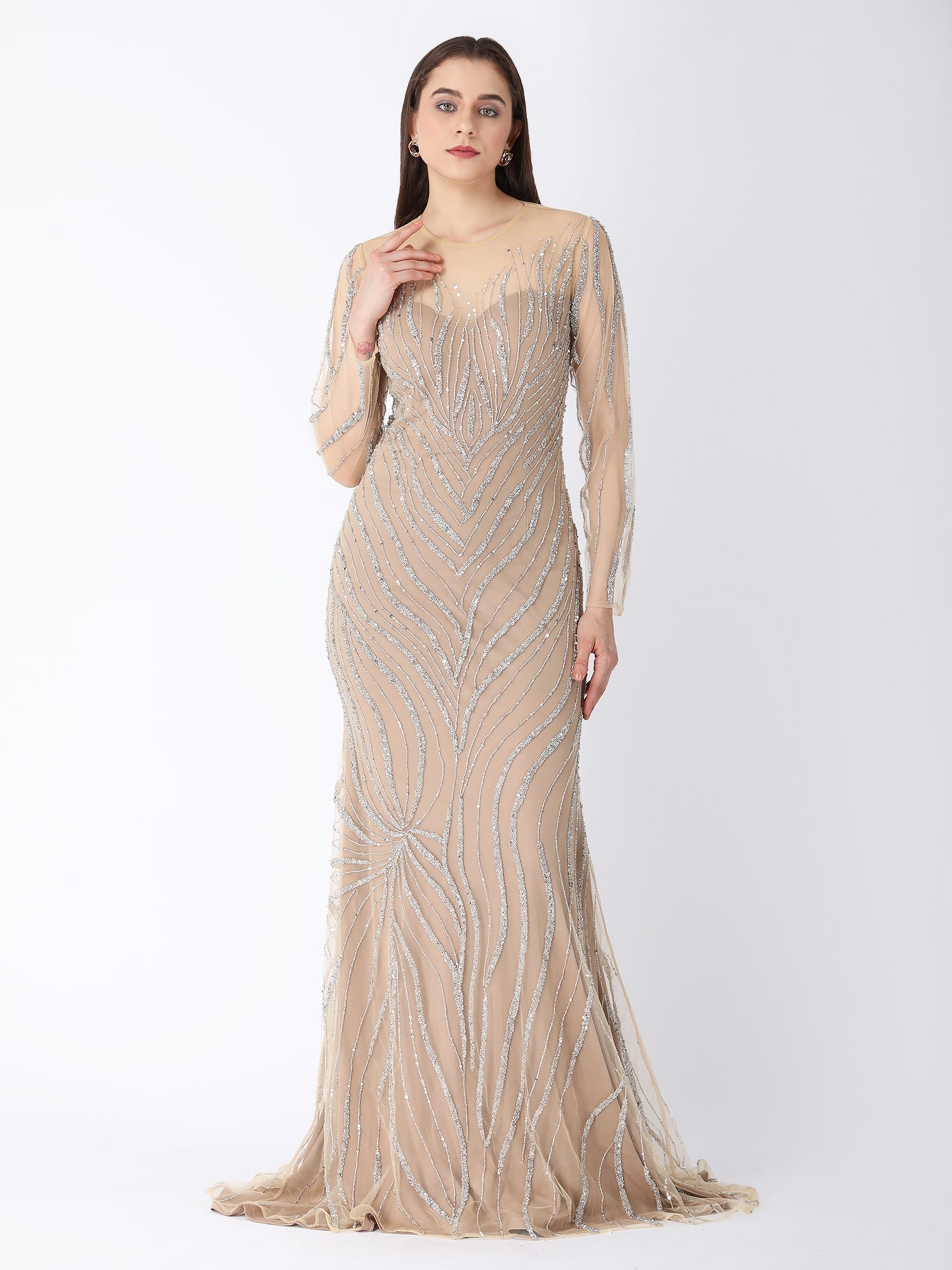 Beige Glam Hand Embroidered Gown