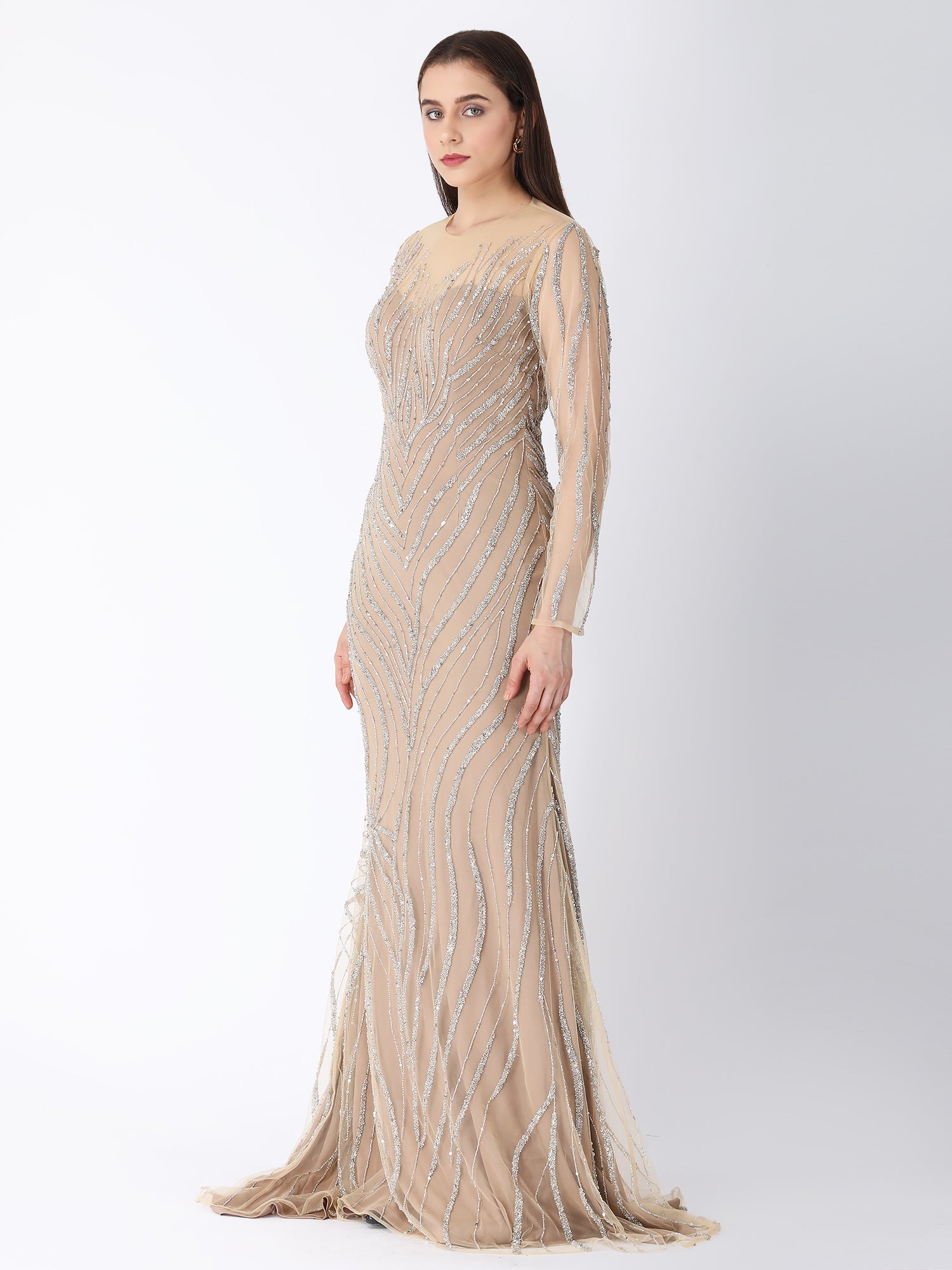 Beige Glam Hand Embroidered Gown