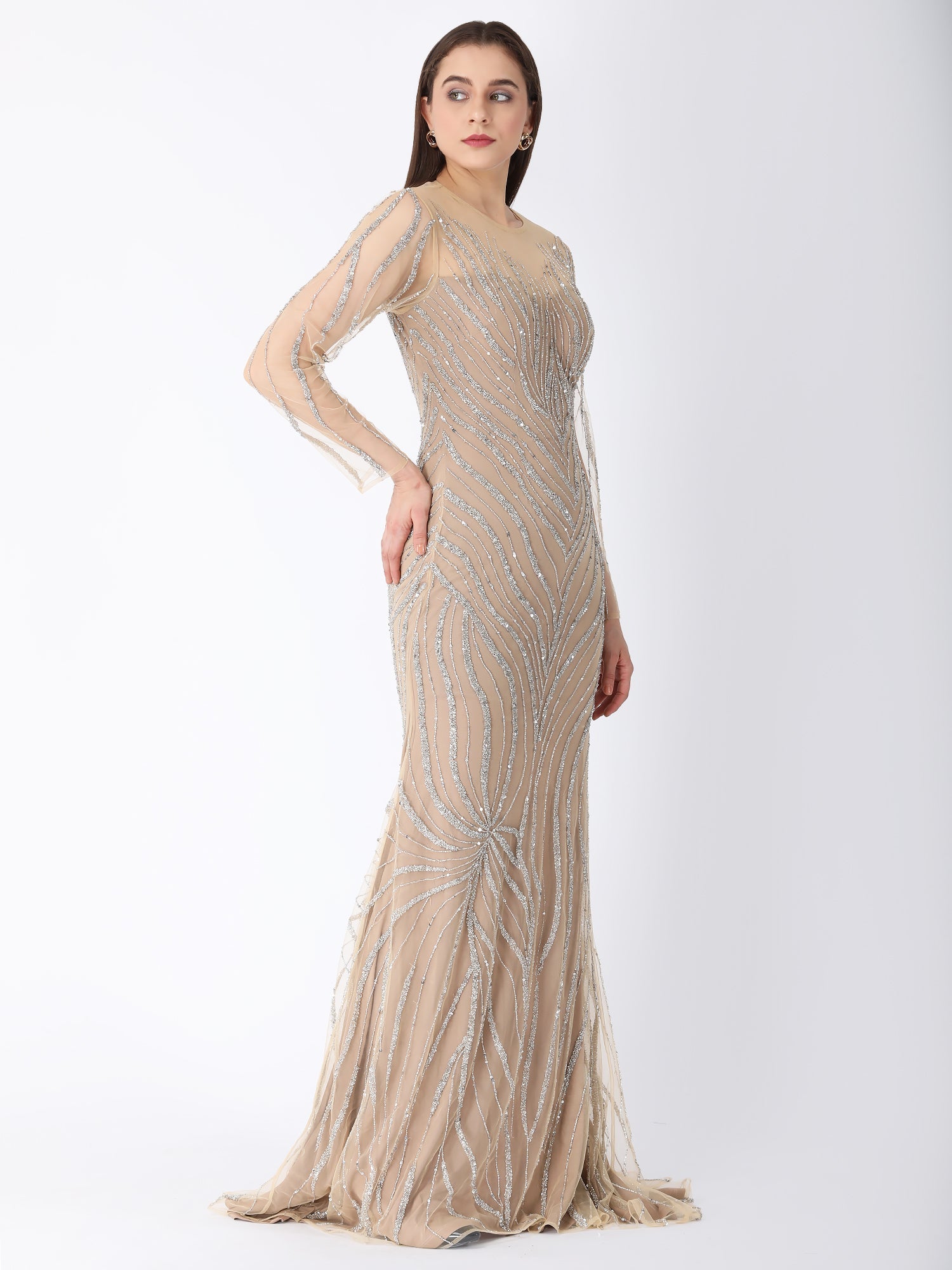 Beige Glam Hand Embroidered Gown