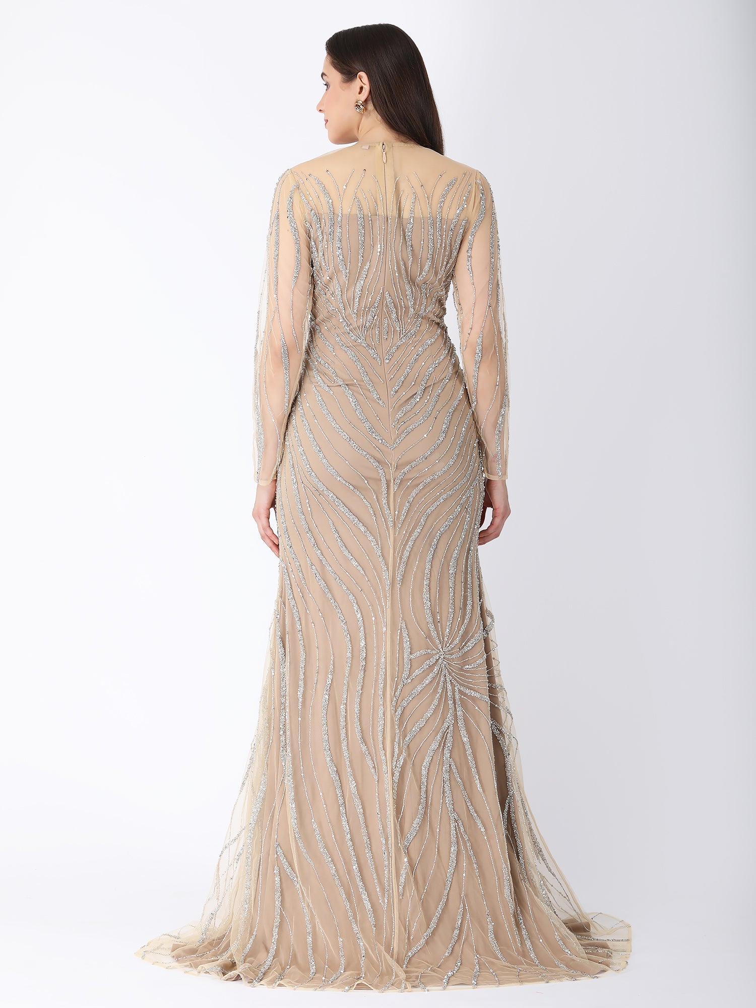 Beige Glam Hand Embroidered Gown