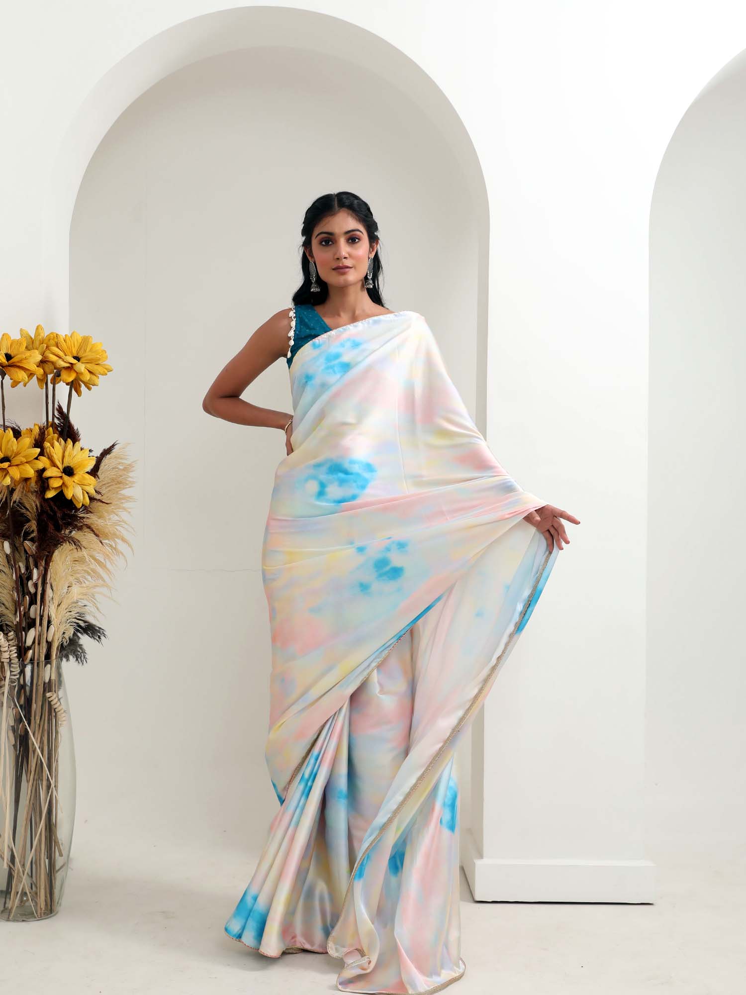 Ocean Waves-Satin Saree with Blouse