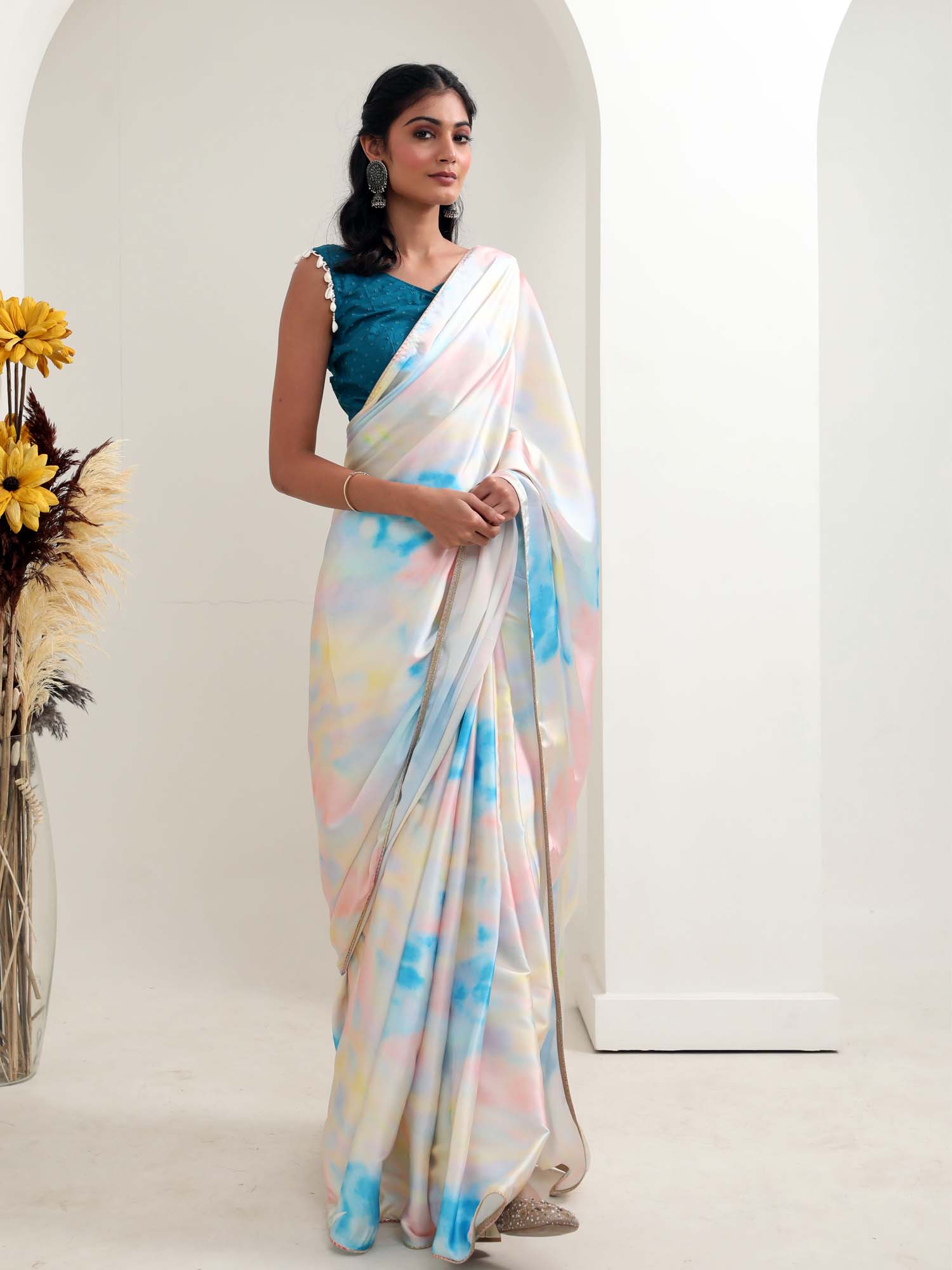 Ocean Waves-Satin Saree with Blouse