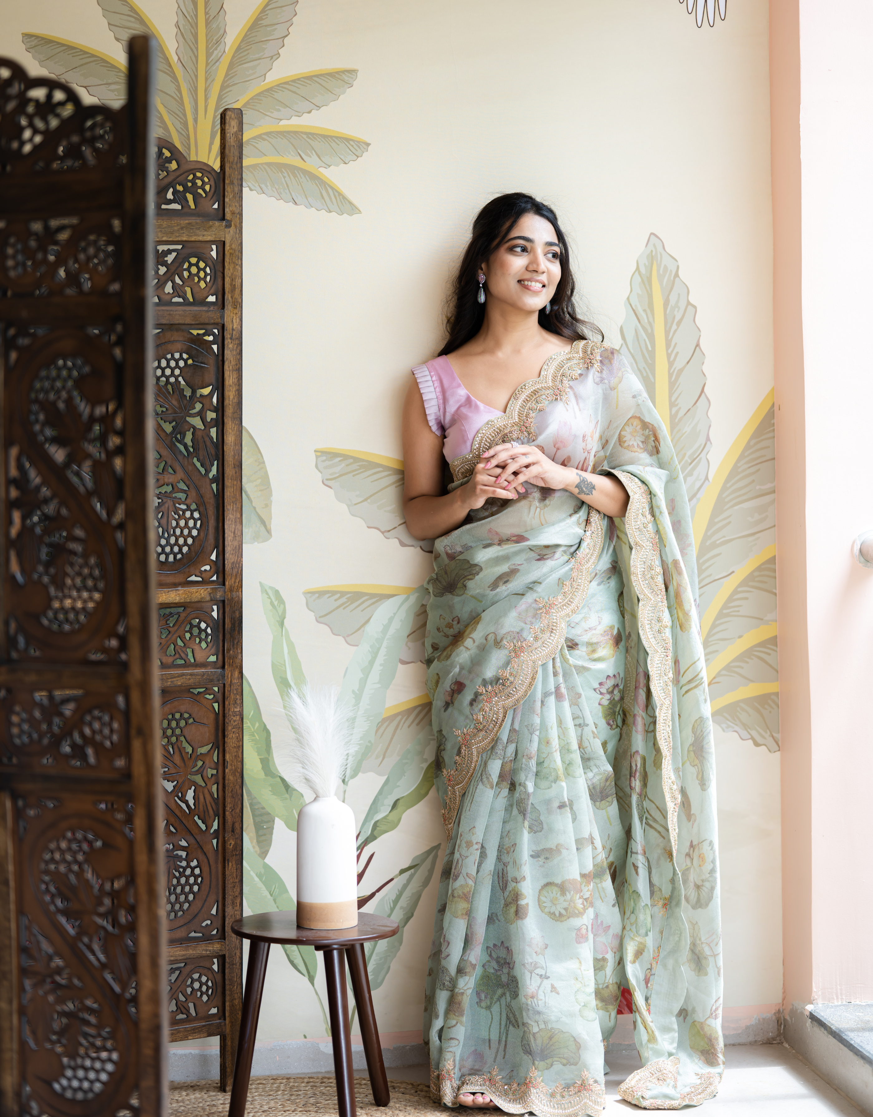 Pastel Mint Green Printed Tissue Organza Saree with Scallop Work Border