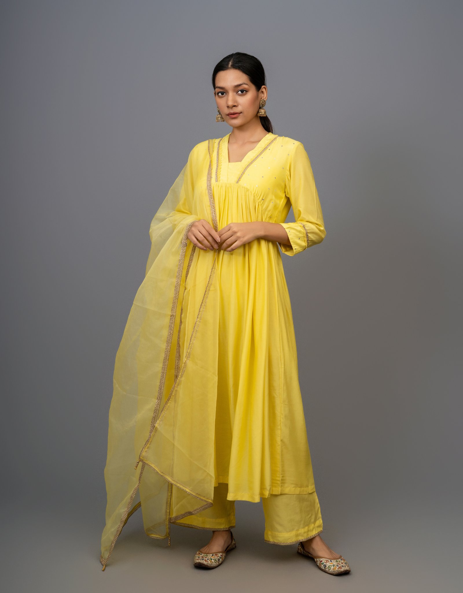 Yellow Hand Embroidered Gathered A-line Cotton Silk Kurta with Pants - Set of 2