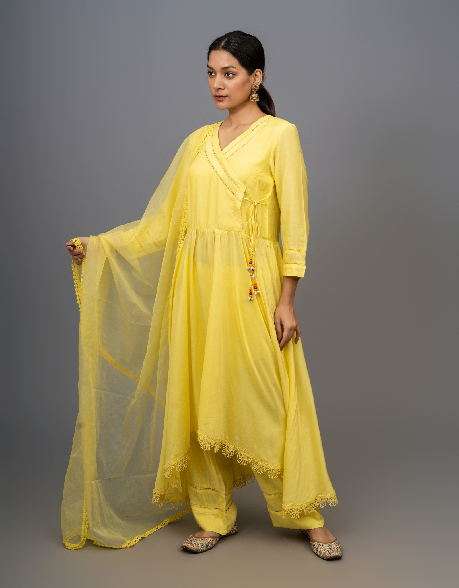 Yellow Gathered with Lace Detailing Suit - Set of 3