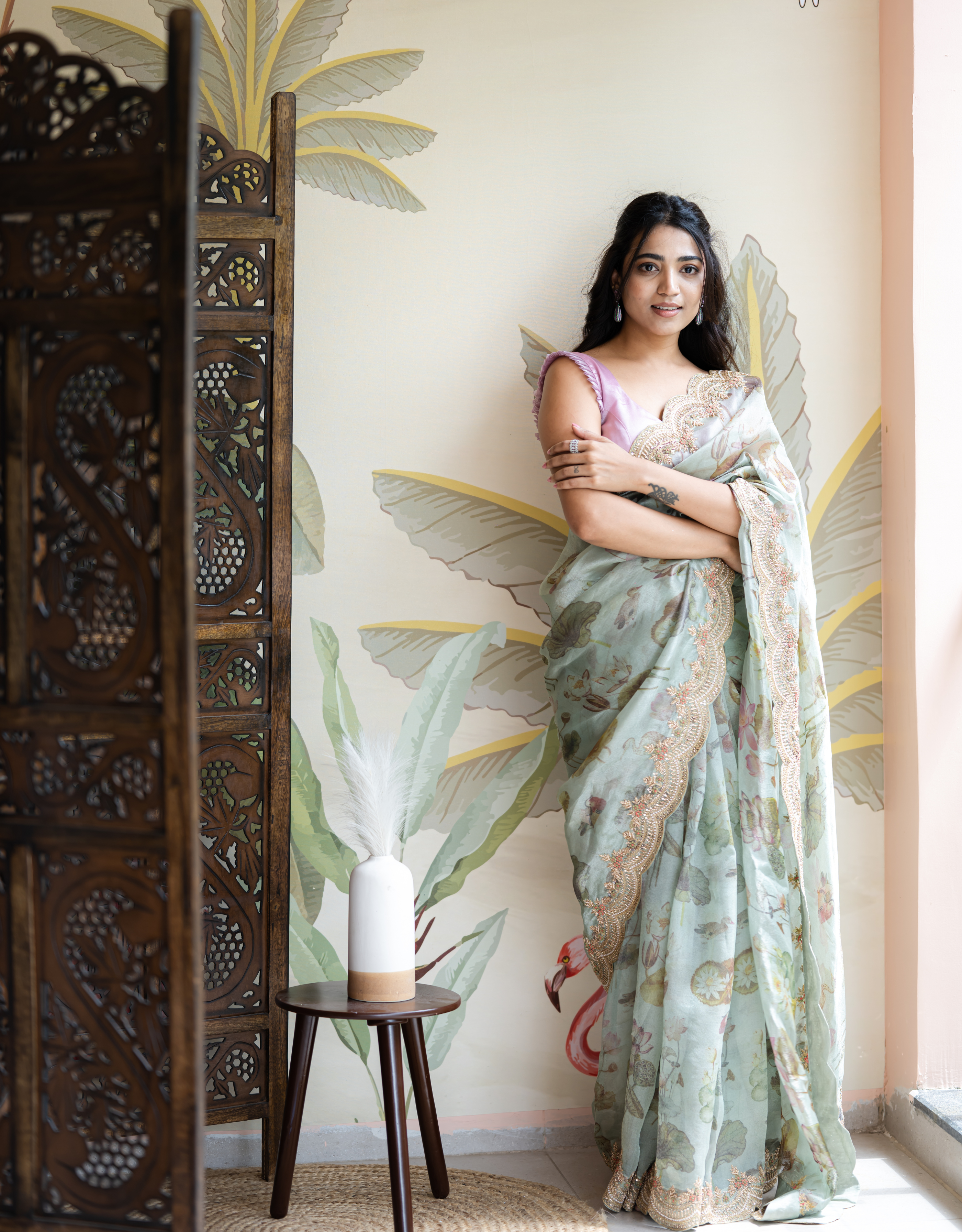 Pastel Mint Green Printed Tissue Organza Saree with Scallop Work Border