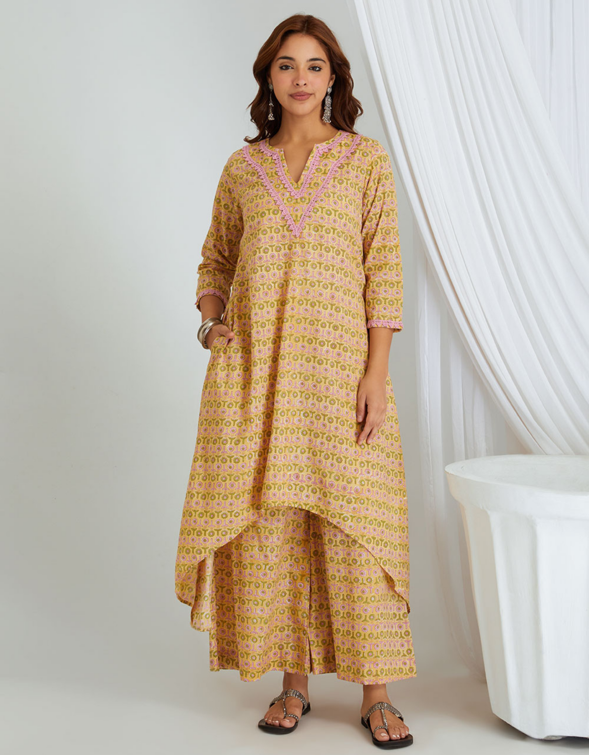 Mustard Yellow Hand Block Printed Cotton Kurta with Palazzo- Set of 2