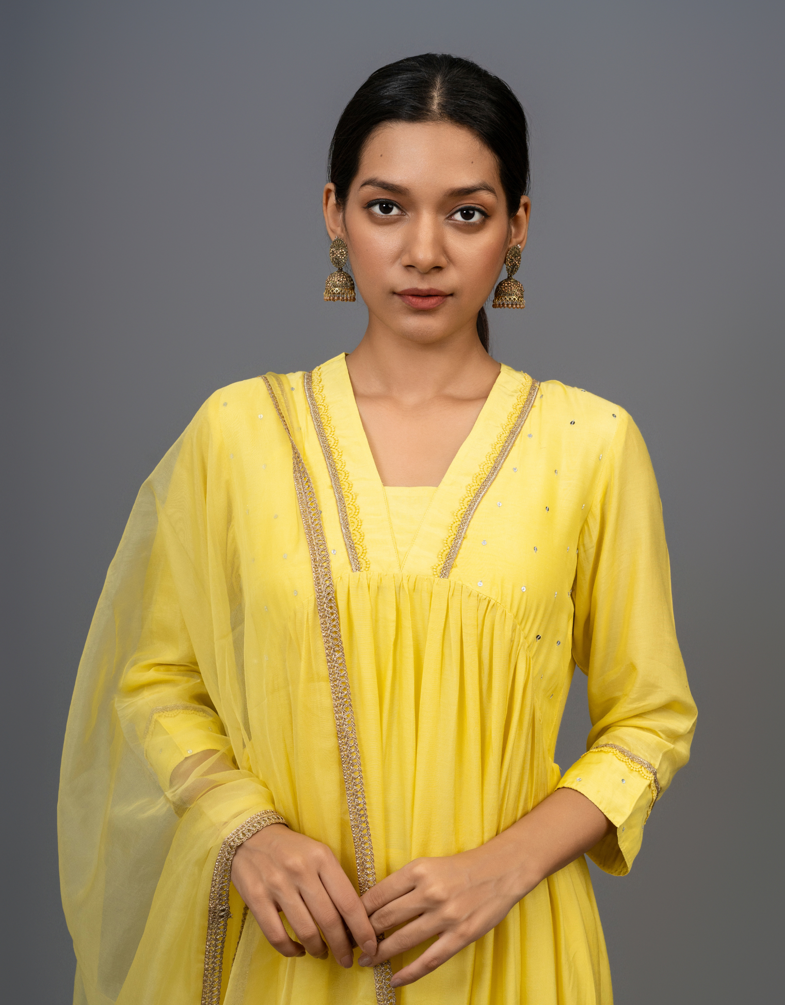 Yellow Hand Embroidered Gathered A-line Cotton Silk Suit - Set of 3