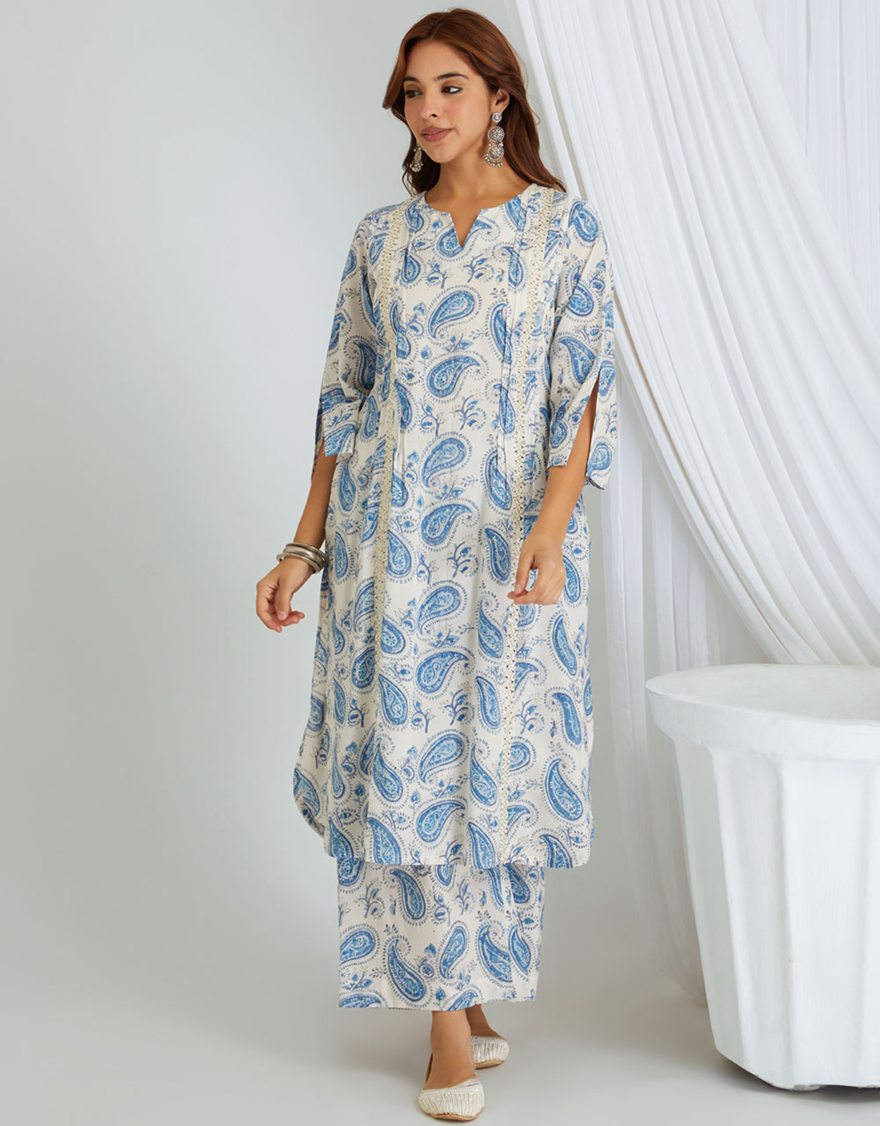 White Blue Hand Block Printed Cotton Kurta with Palazzo- Set of 2