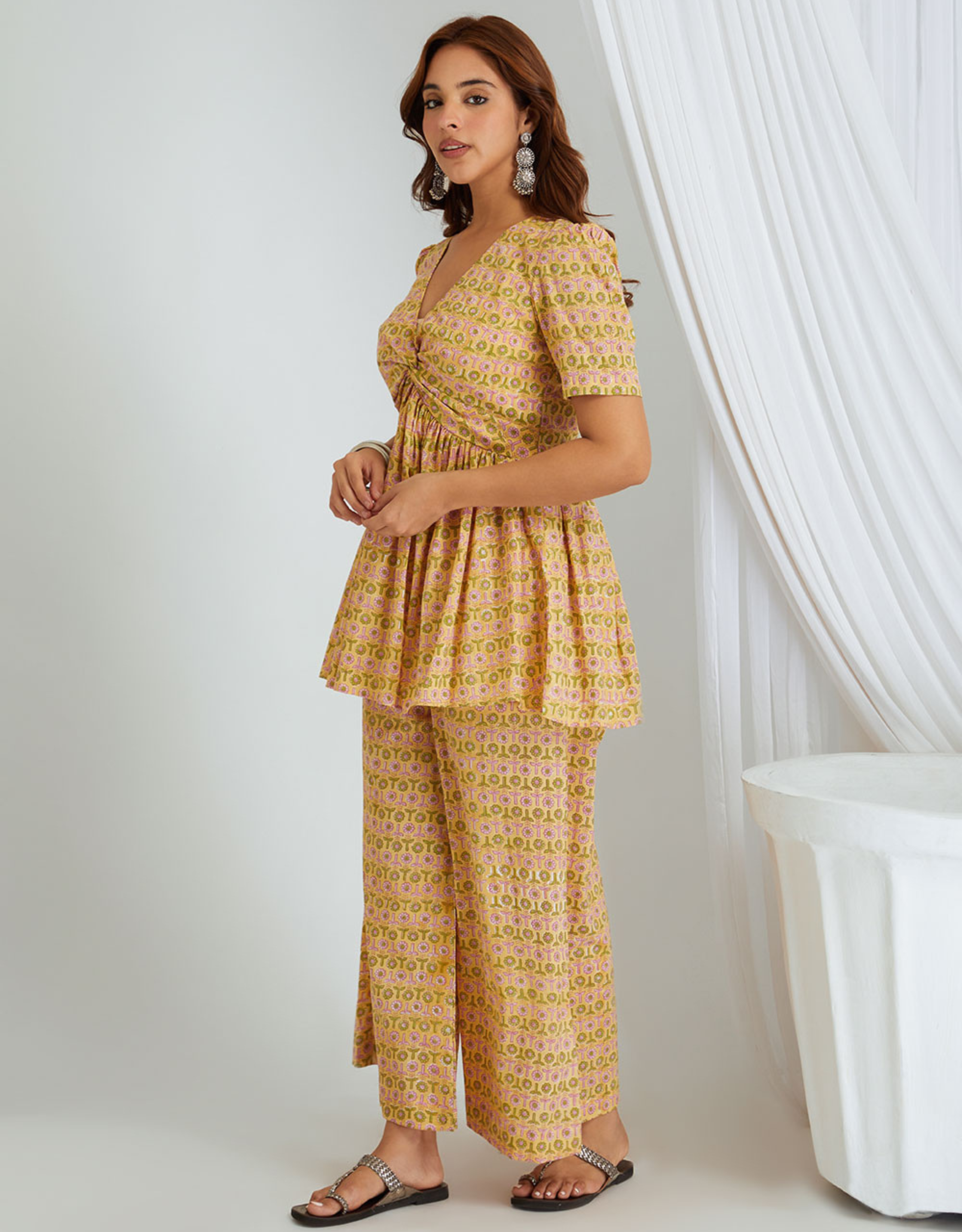 Mustard Yellow Hand Block Printed Cotton Co-ord Set - Set of 2