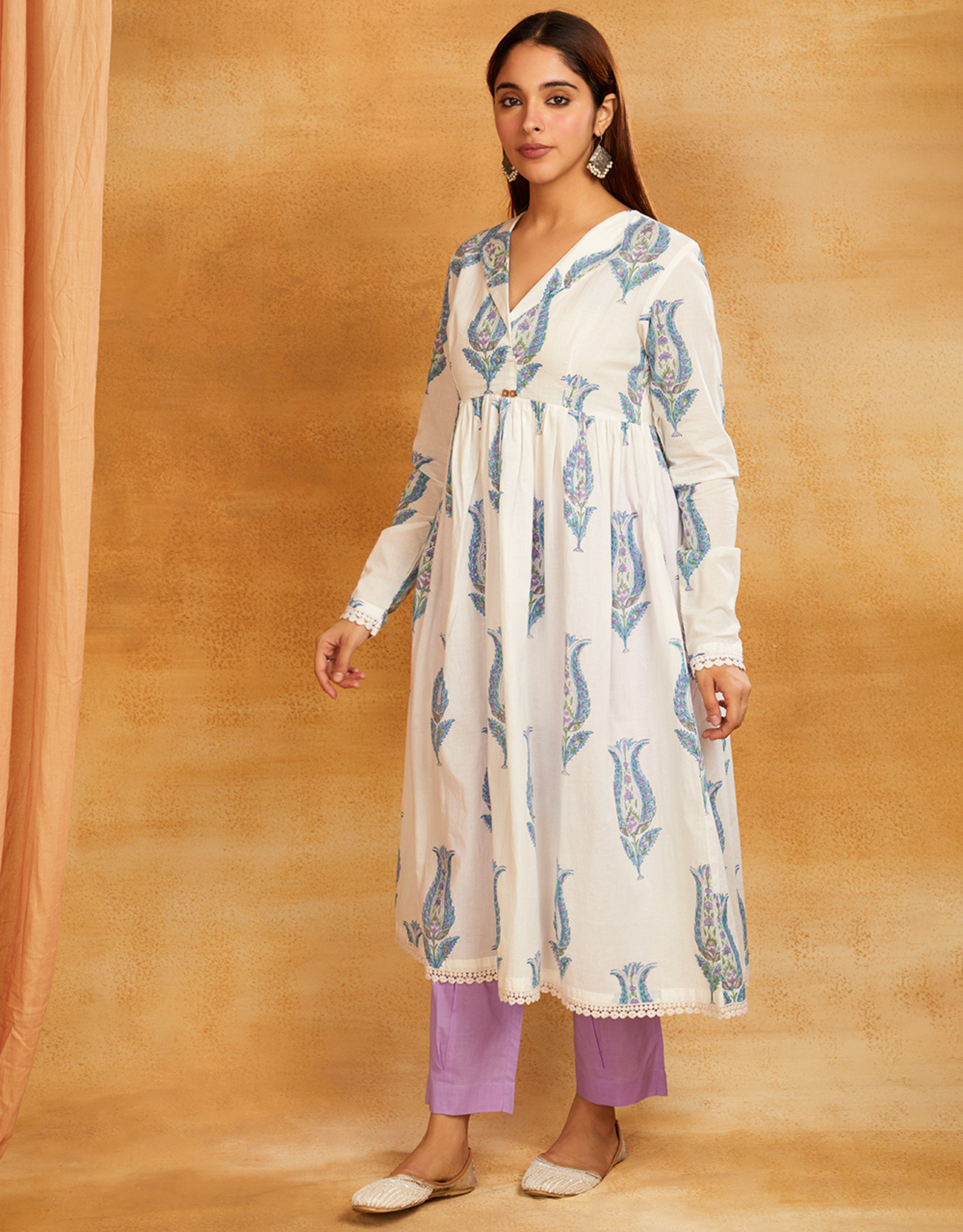 Mustard Block Printed Cotton Anarkali Kurta