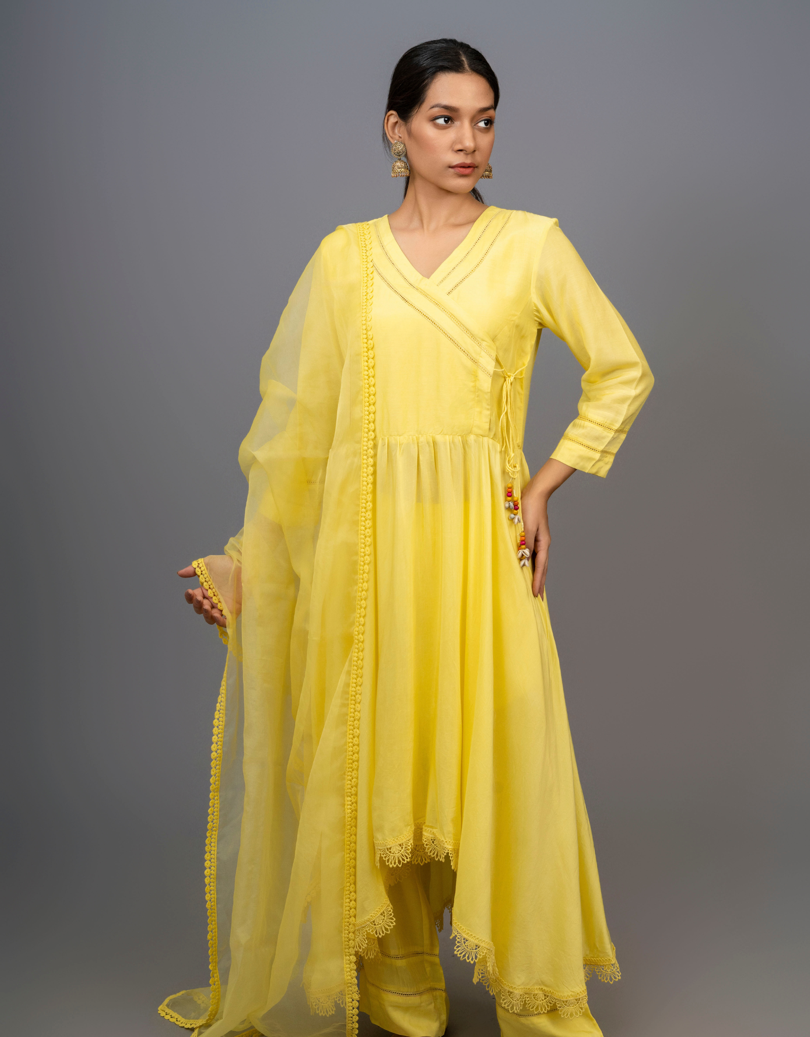 Yellow Gathered with Lace Detailing Suit - Set of 3