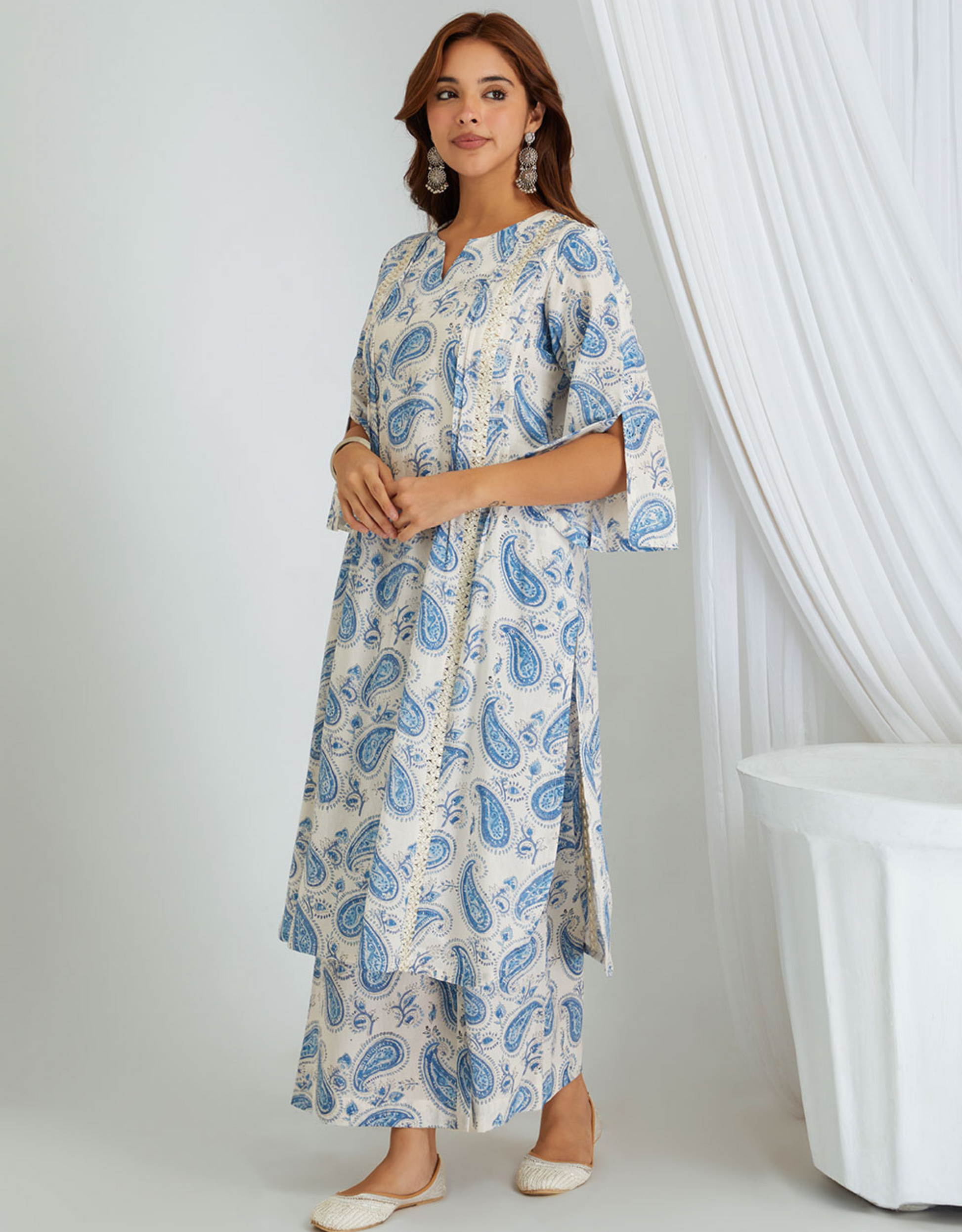 White Blue Hand Block Printed Cotton Kurta with Palazzo- Set of 2