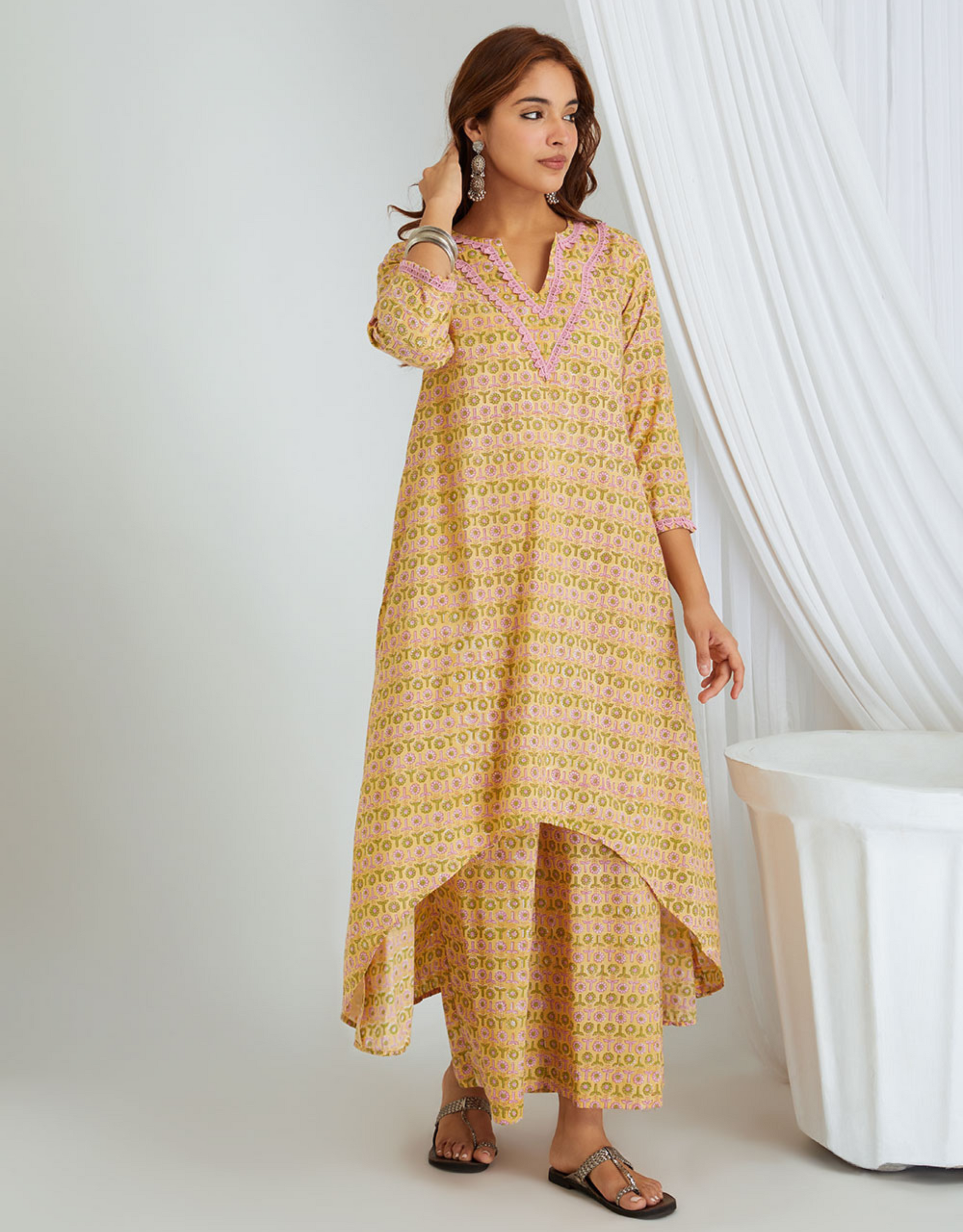 Mustard Yellow Hand Block Printed Cotton Kurta with Palazzo- Set of 2