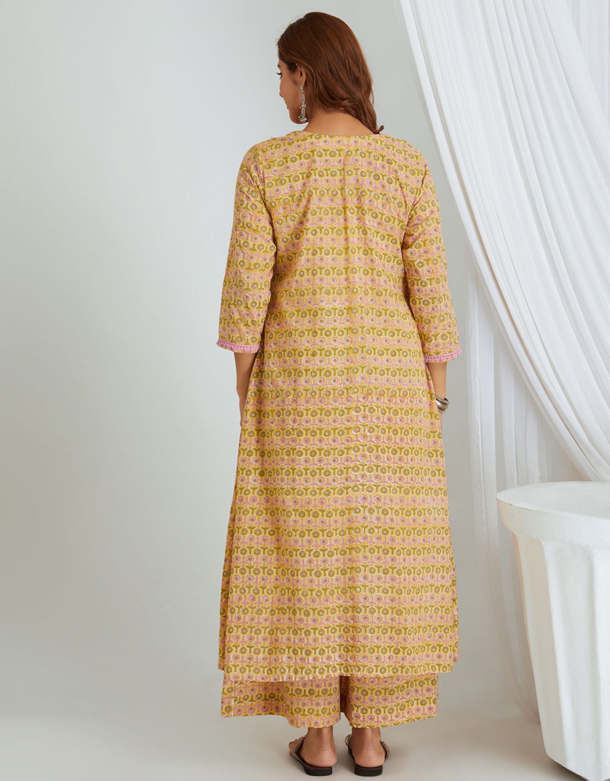 Mustard Yellow Hand Block Printed Cotton Kurta with Palazzo- Set of 2