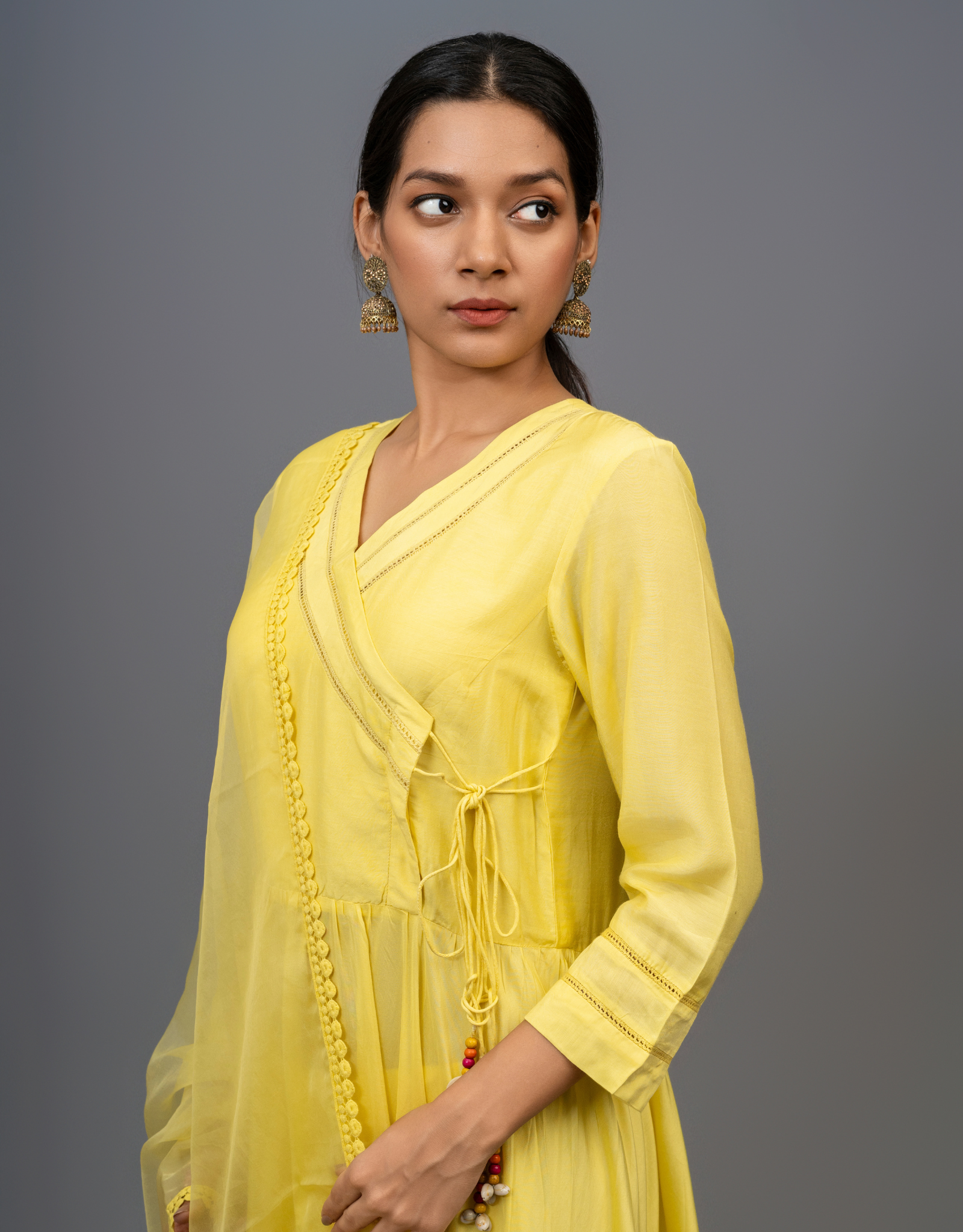 Yellow Gathered with Lace Detailing Suit - Set of 3