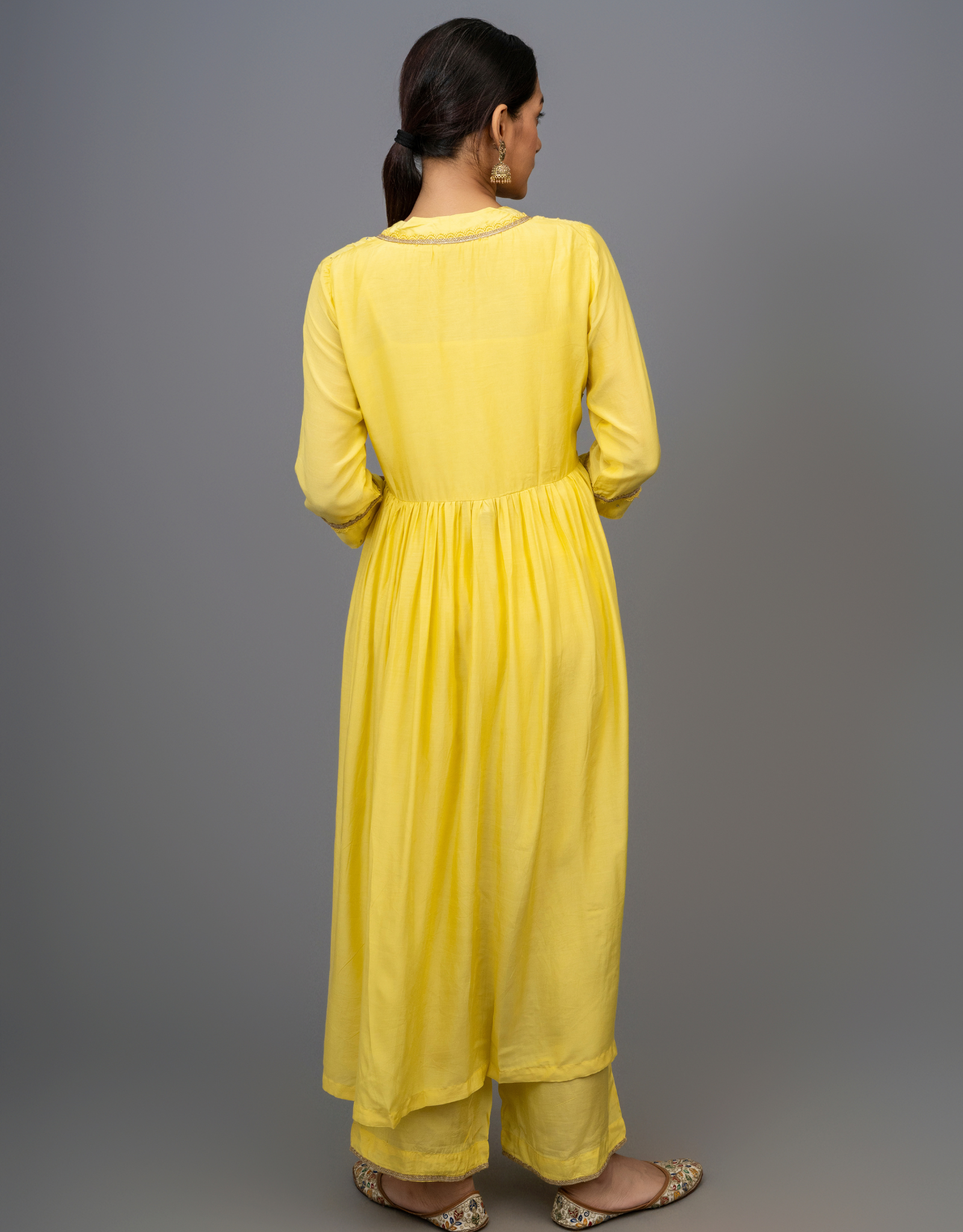 Yellow Hand Embroidered Gathered A-line Cotton Silk Kurta with Pants - Set of 2