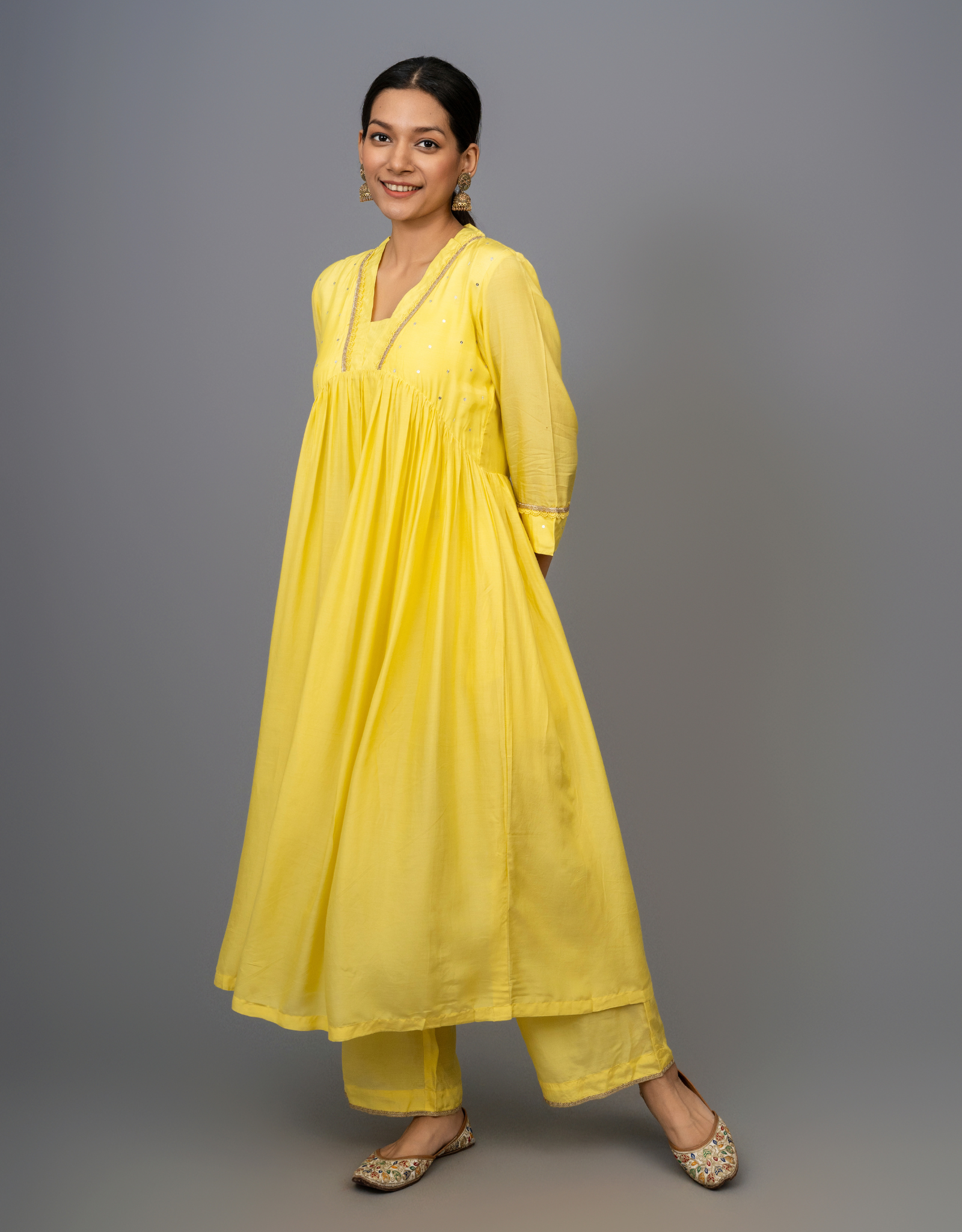 Yellow Hand Embroidered Gathered A-line Cotton Silk Kurta with Pants - Set of 2