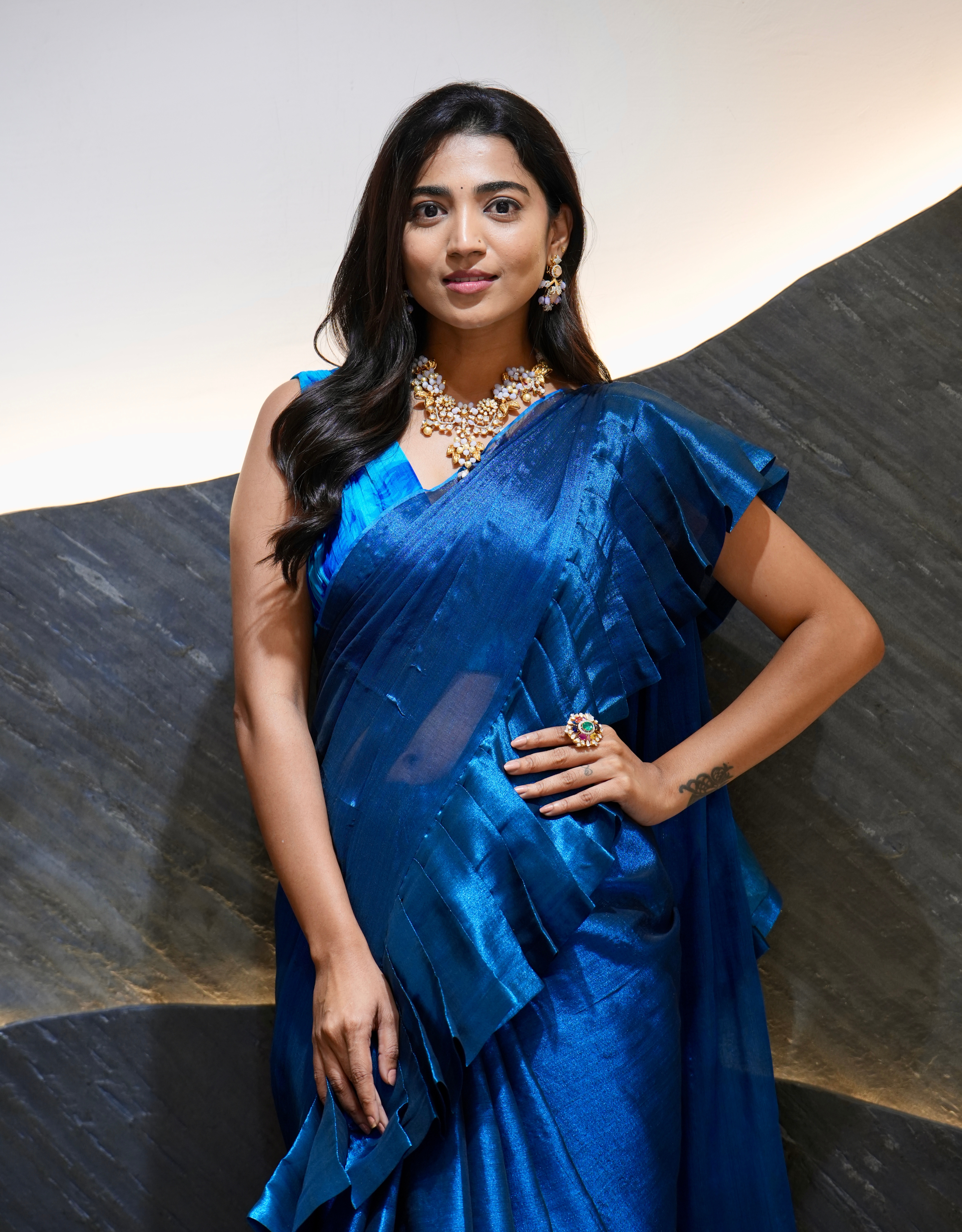 Sapphire Blue Ruffles Tissue Saree