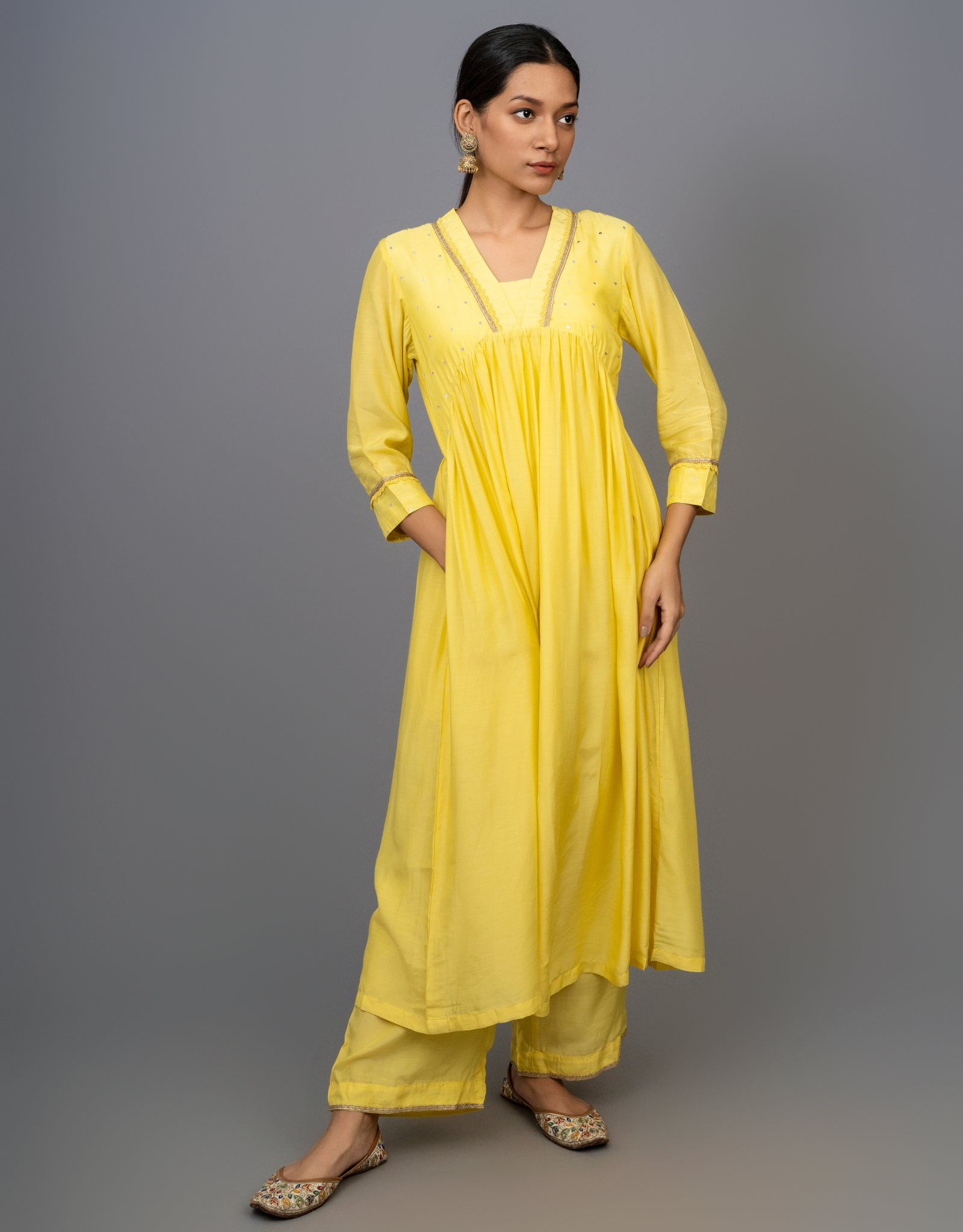 Yellow Hand Embroidered Gathered A-line Cotton Silk Kurta with Pants - Set of 2