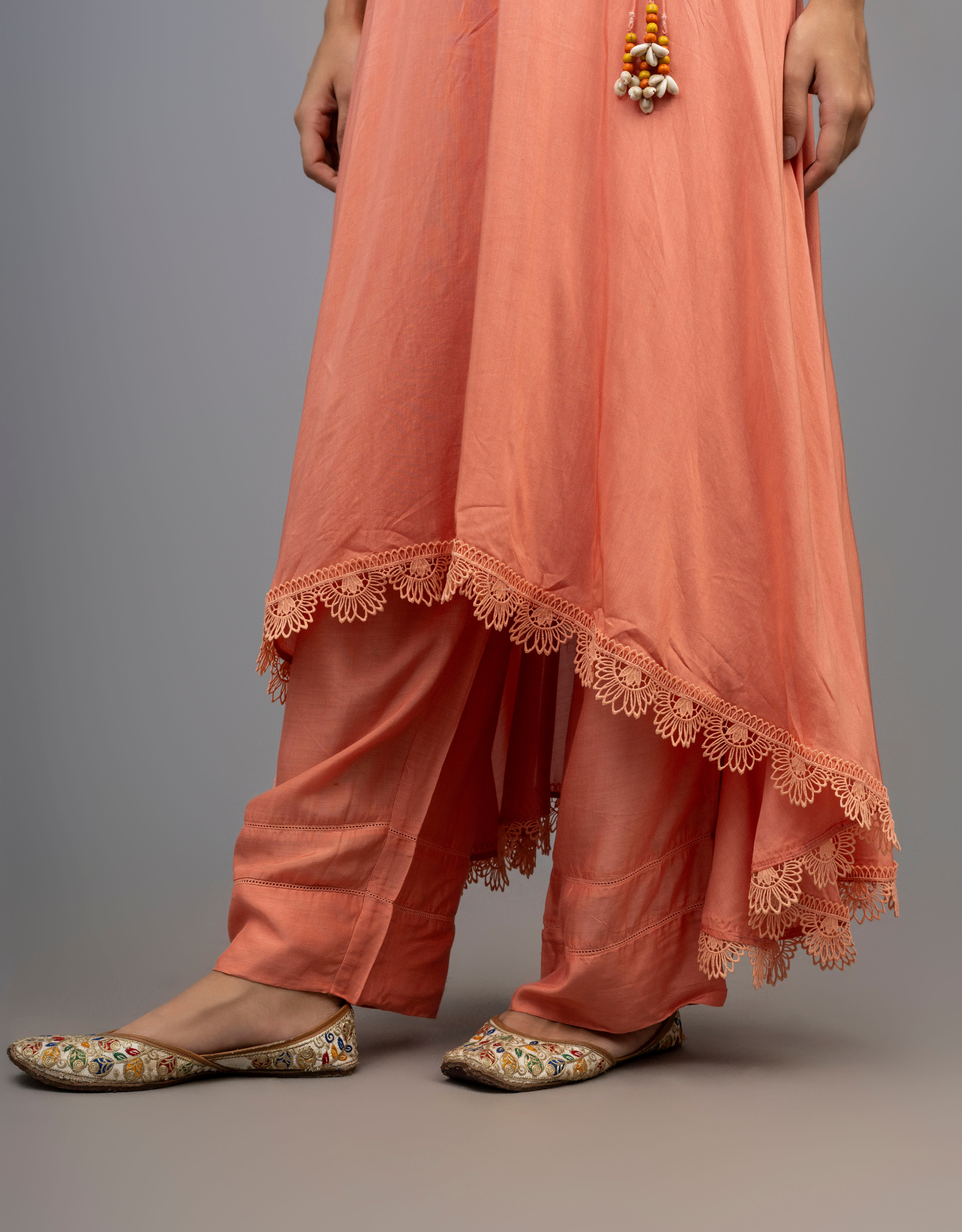 Rust Gathered with Lace Detailing Kurta with Pants - Set of 2