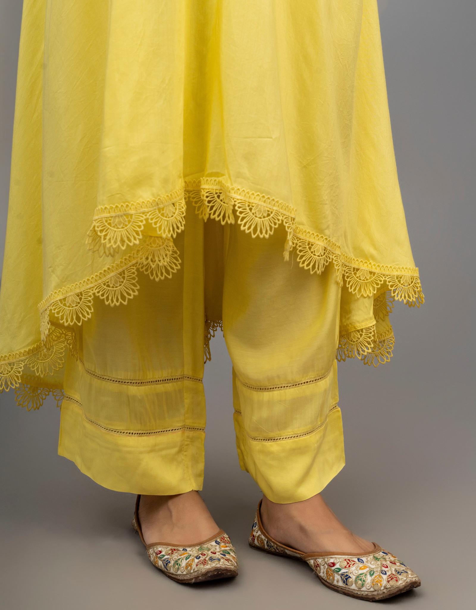 Yellow Gathered with Lace Detailing Kurta with Pants - Set of 2