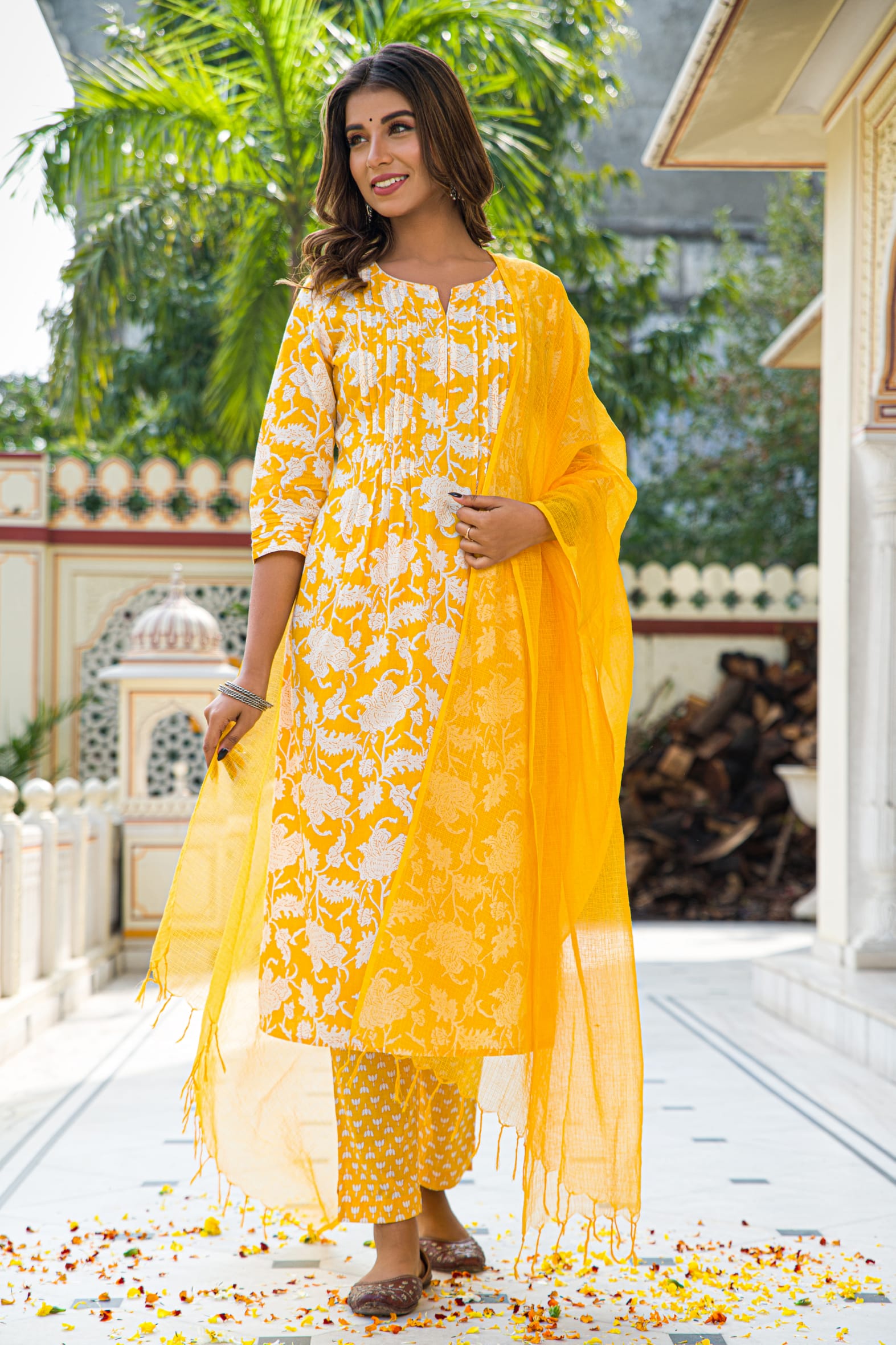 Yellow Hand Block Printed Cotton Suit with Kota Doria Dupatta- Set of 3