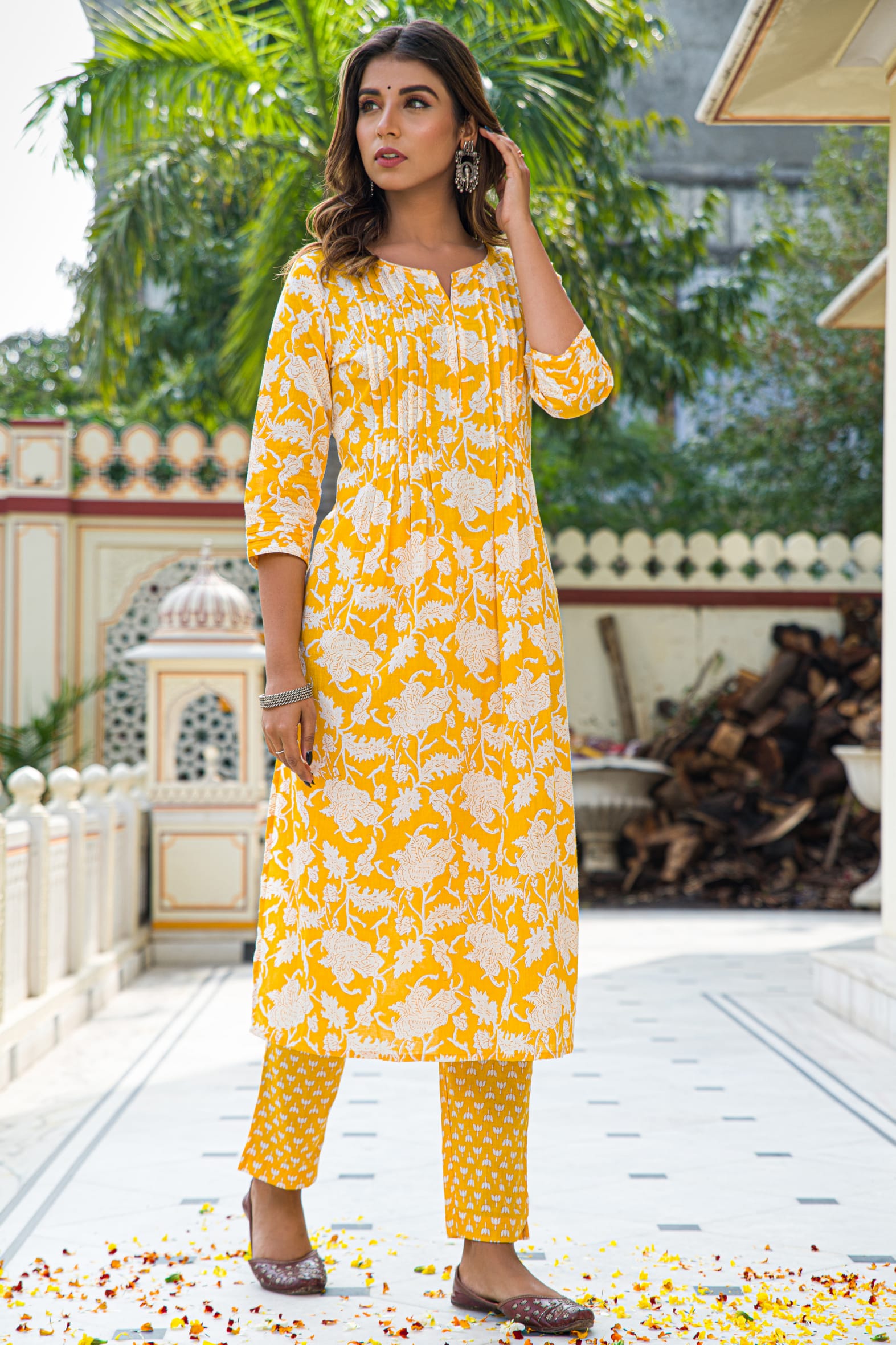 Yellow Hand Block Printed Cotton Kurta with Pants- Set of 2