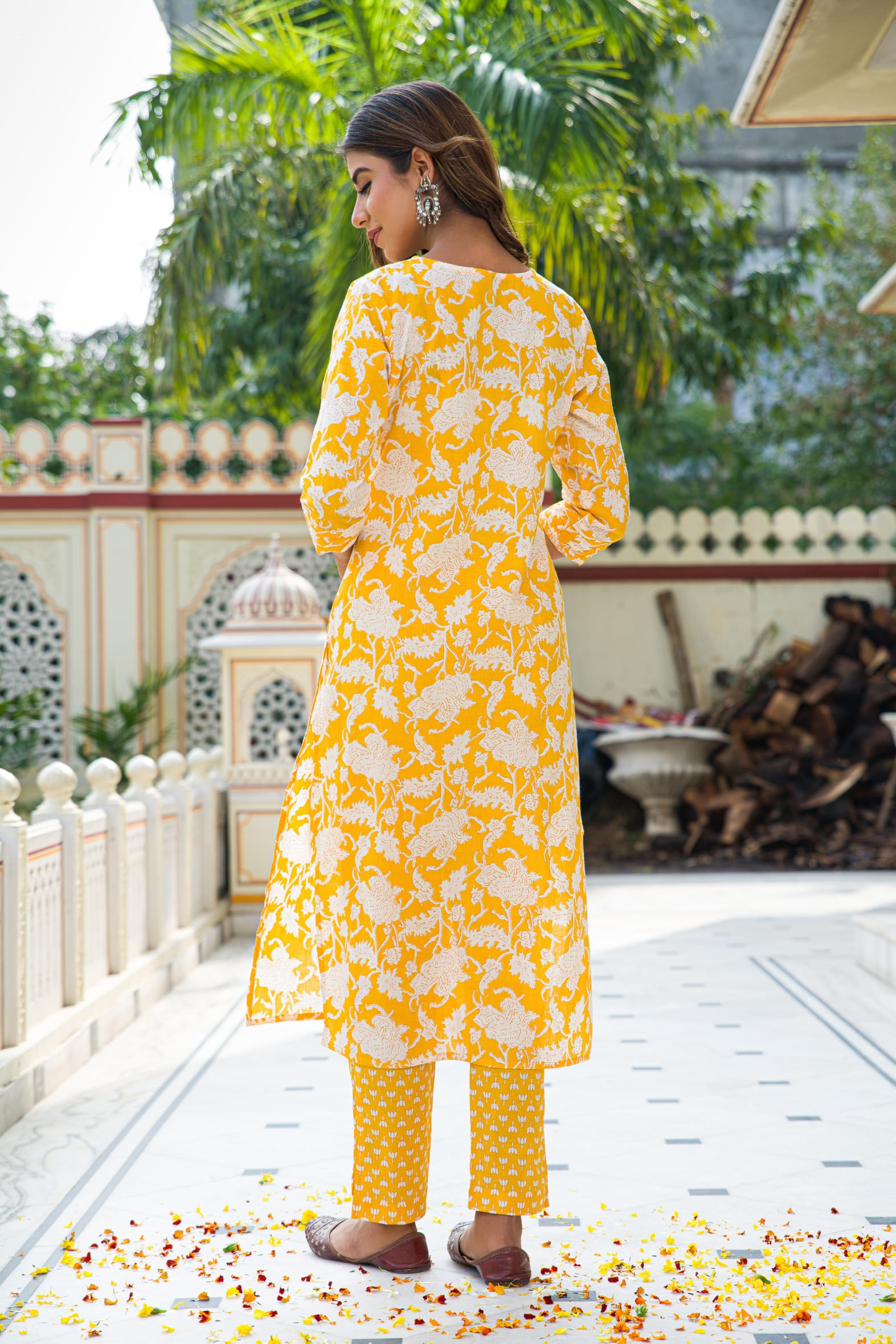 Yellow Hand Block Printed Cotton Kurta with Pants- Set of 2