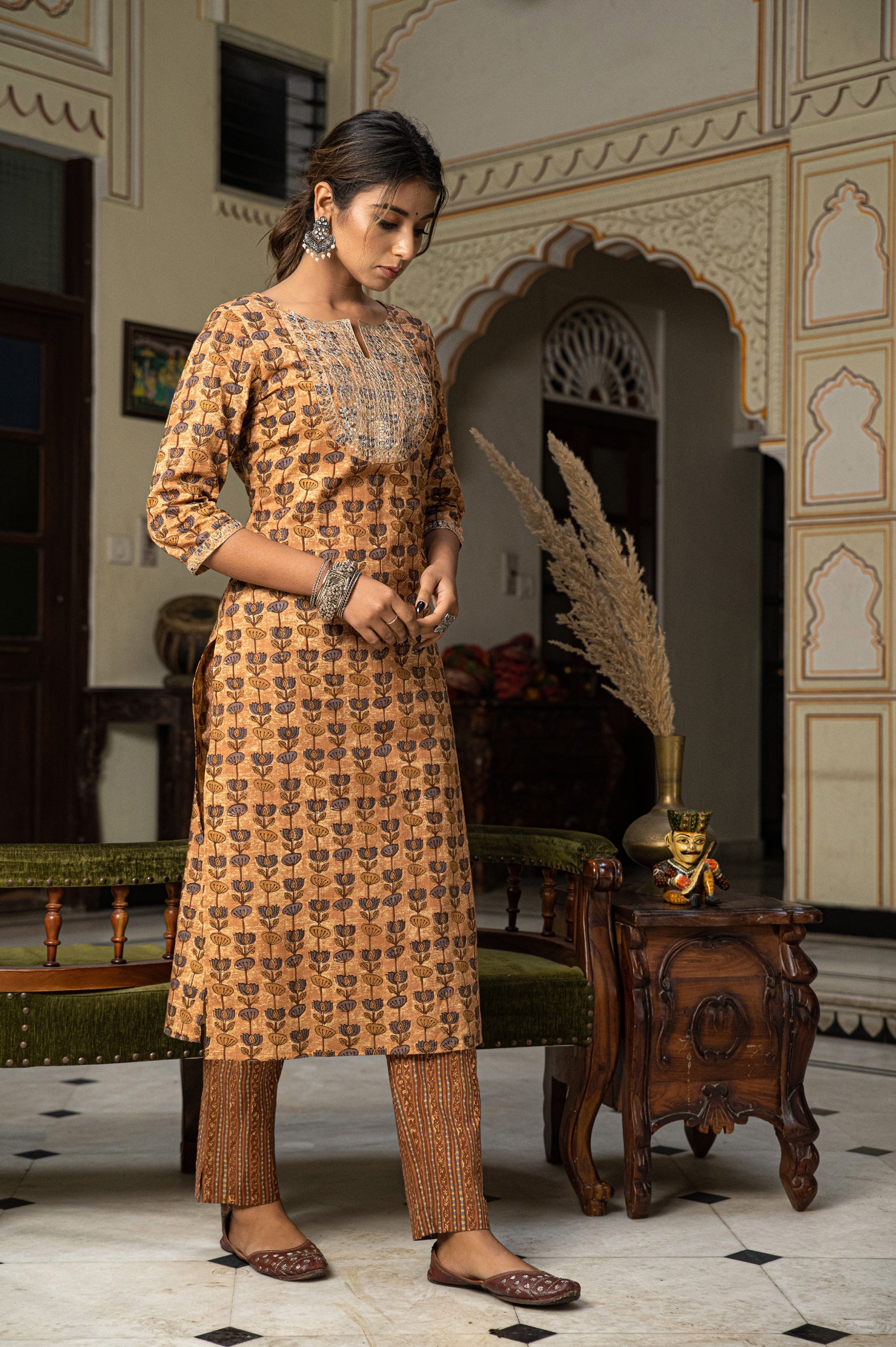 Beige Hand Block Printed Cotton Kurta with Pants- Set of 2