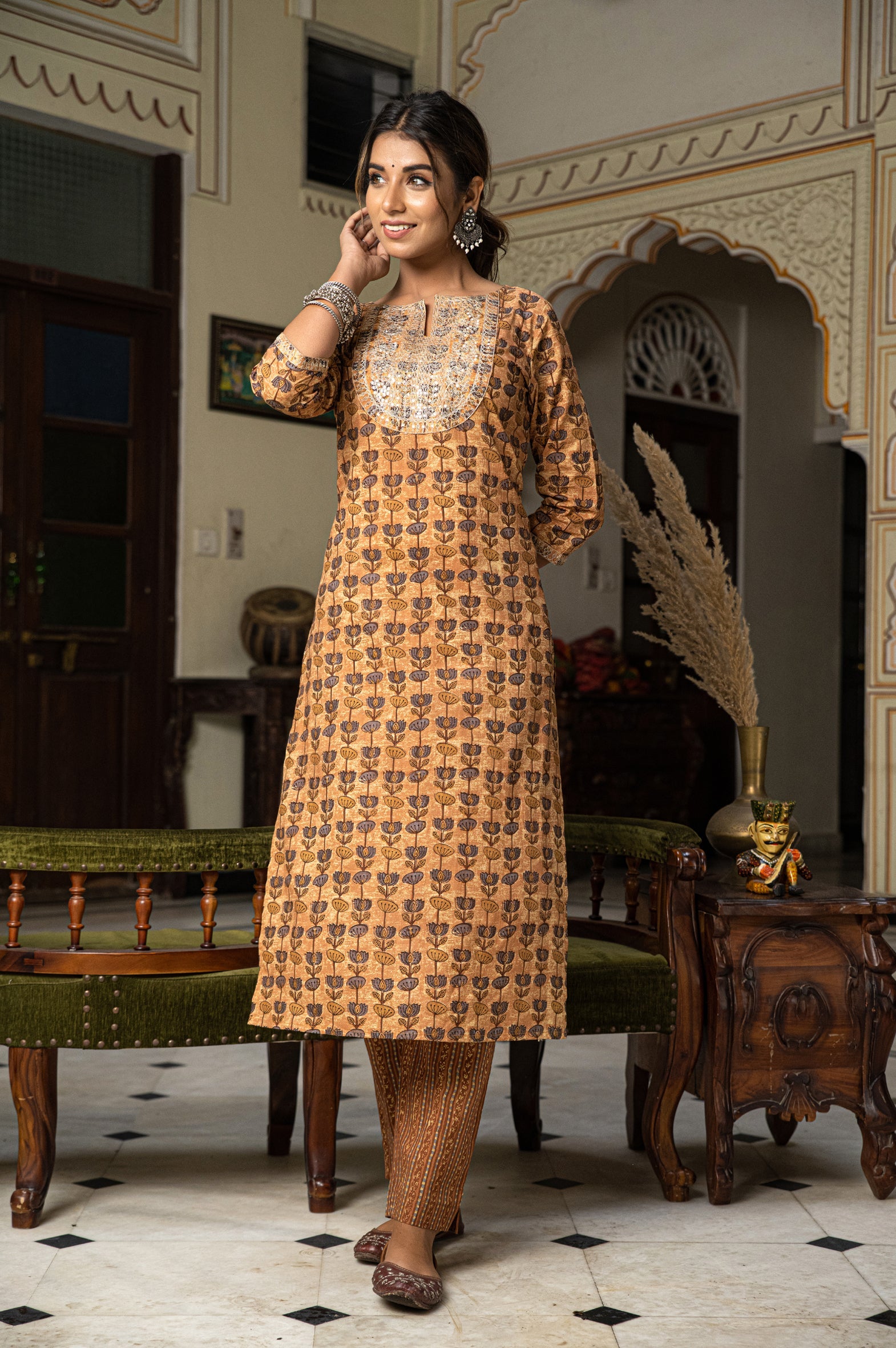 Beige Hand Block Printed Cotton Kurta with Pants- Set of 2