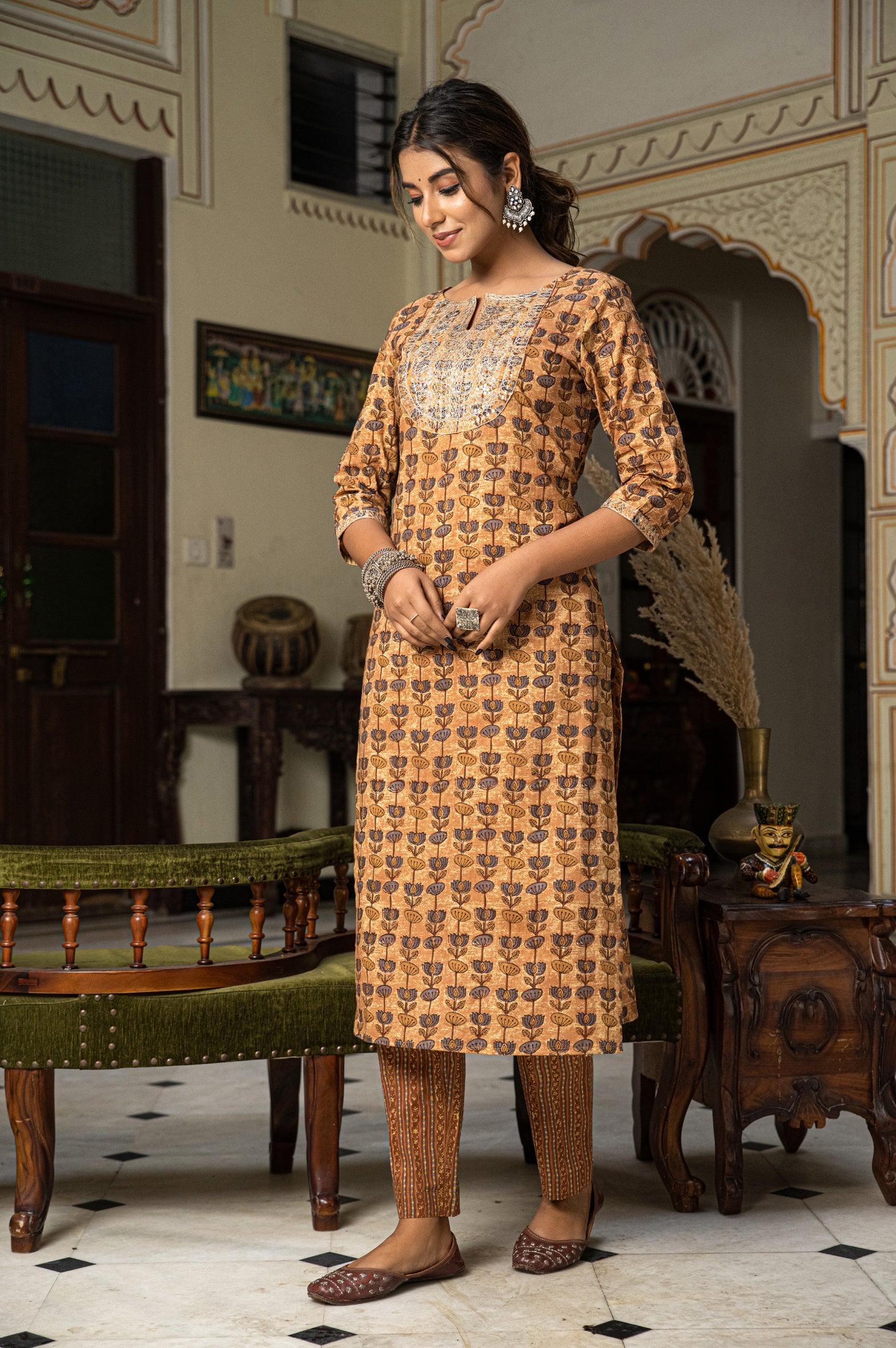 Beige Hand Block Printed Cotton Kurta with Pants- Set of 2