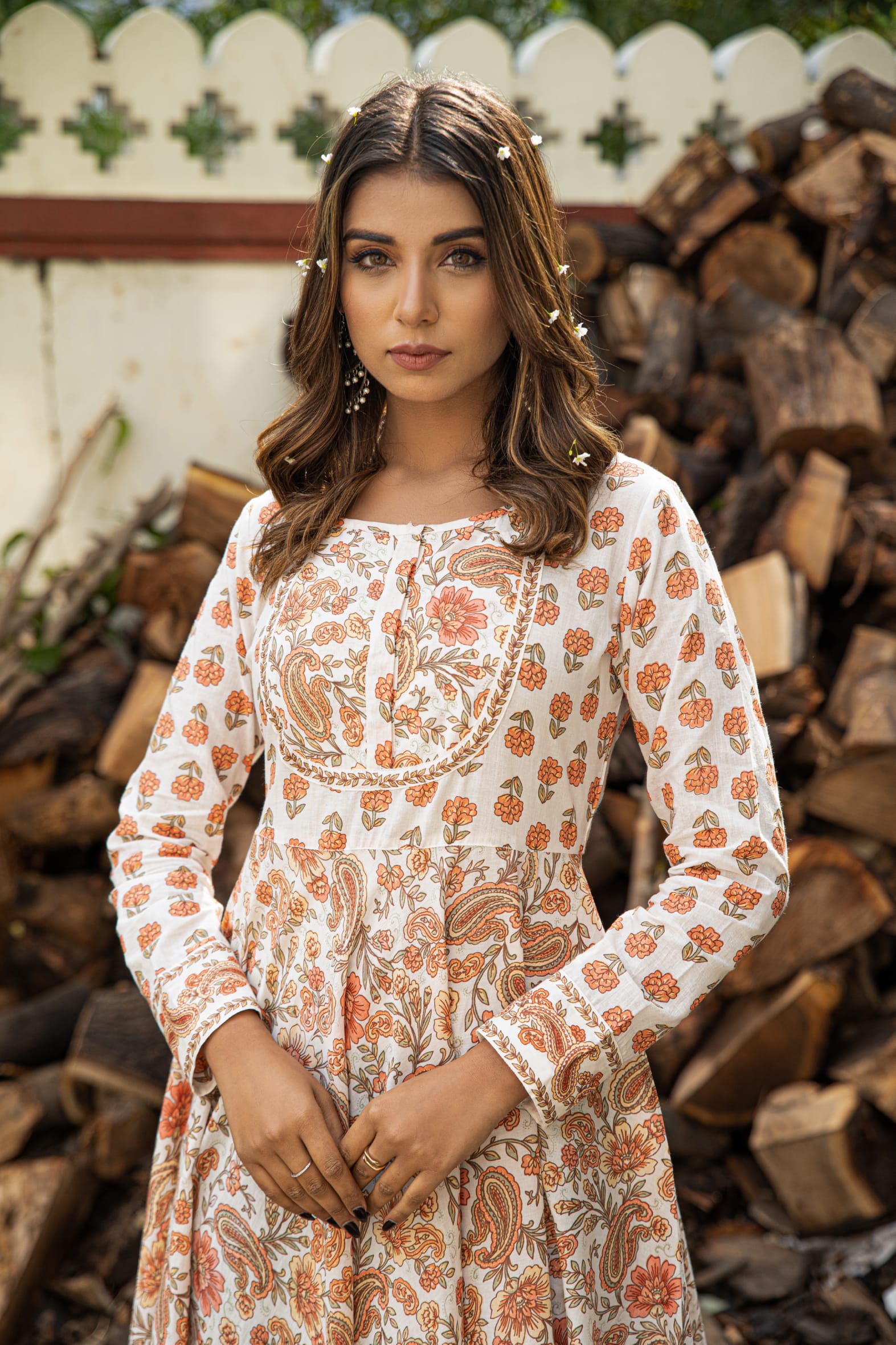 Off White Orange Hand Block Printed Cotton Anarkali Dress