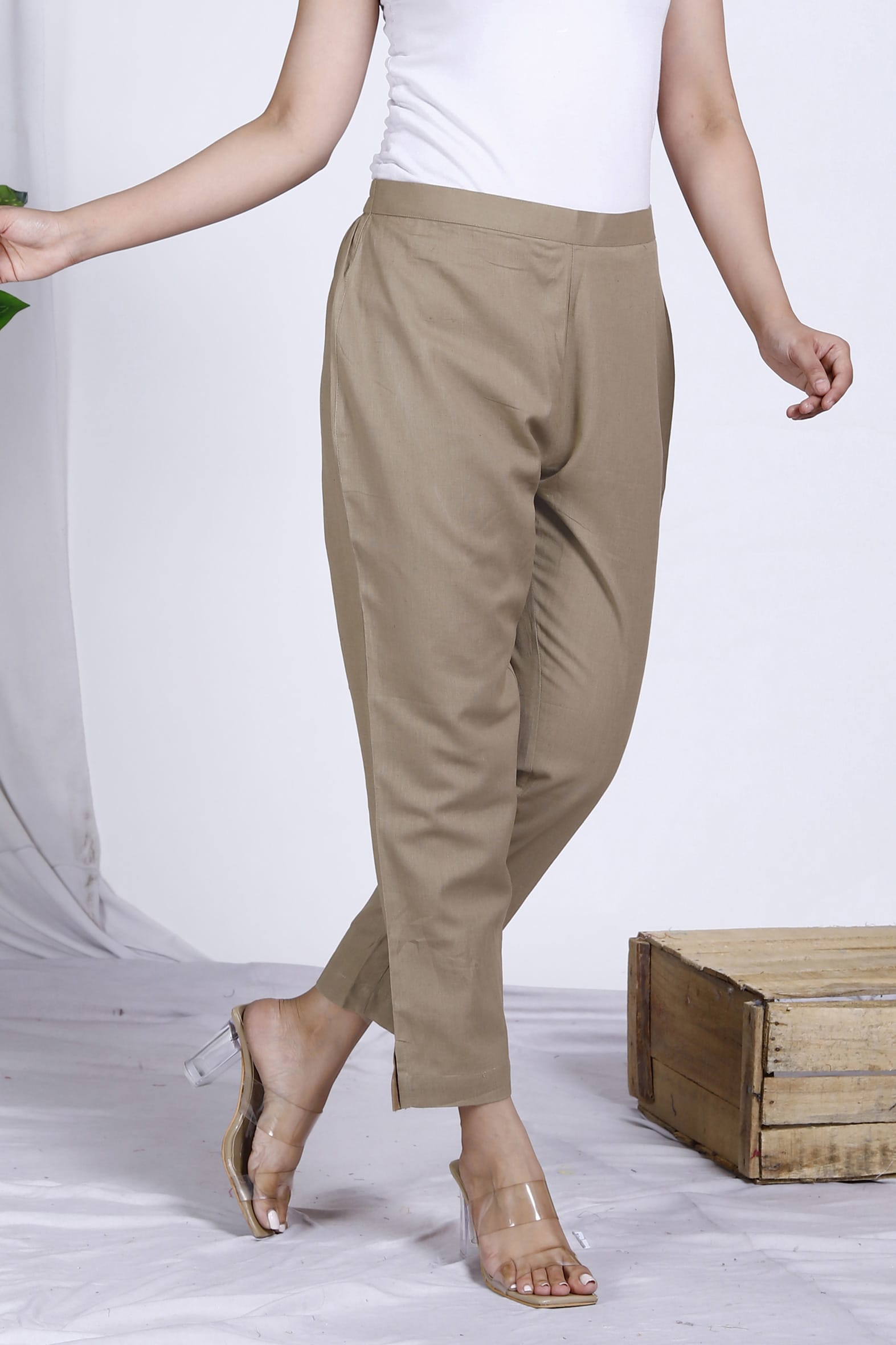 Beige Plain Cotton Pant