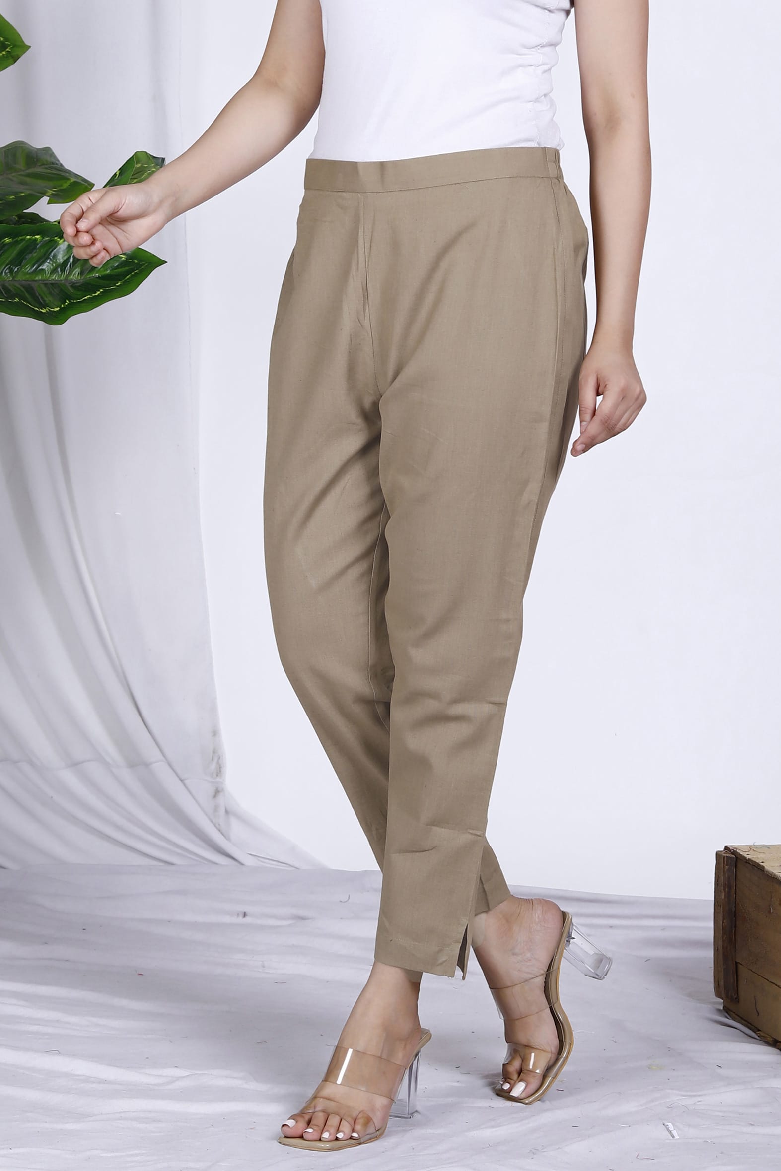 Beige Plain Cotton Pant