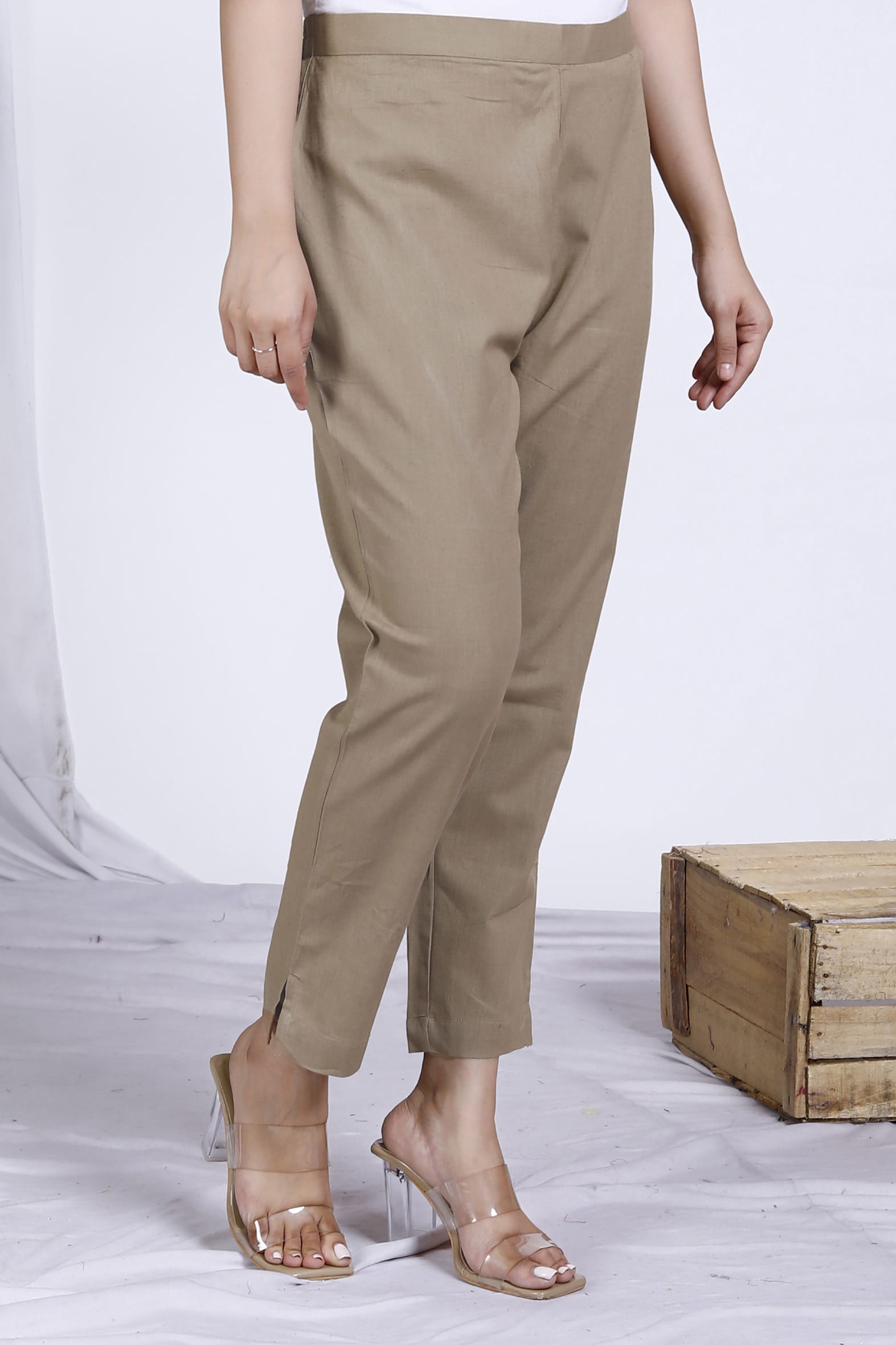 Beige Plain Cotton Pant