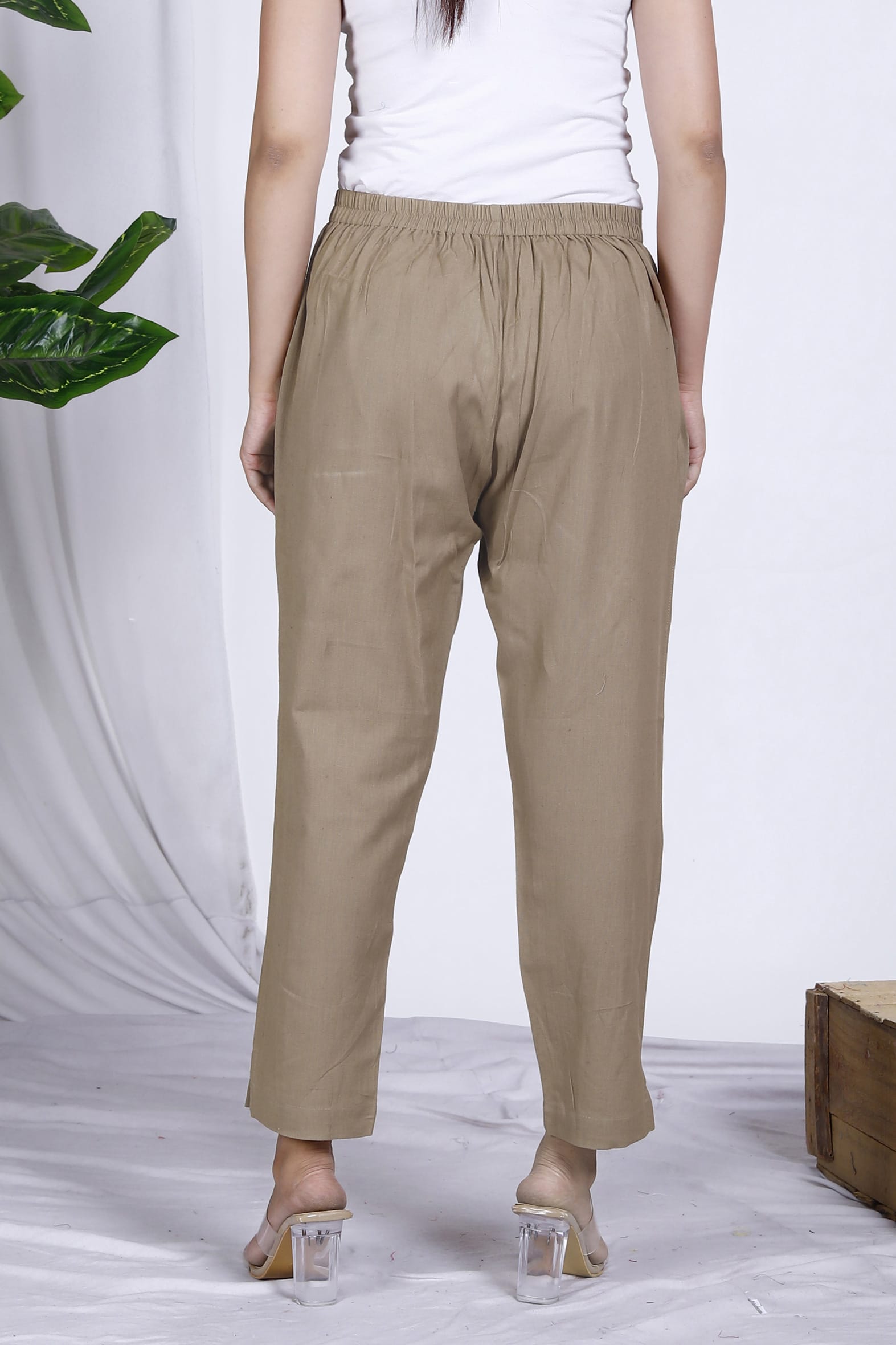 Beige Plain Cotton Pant