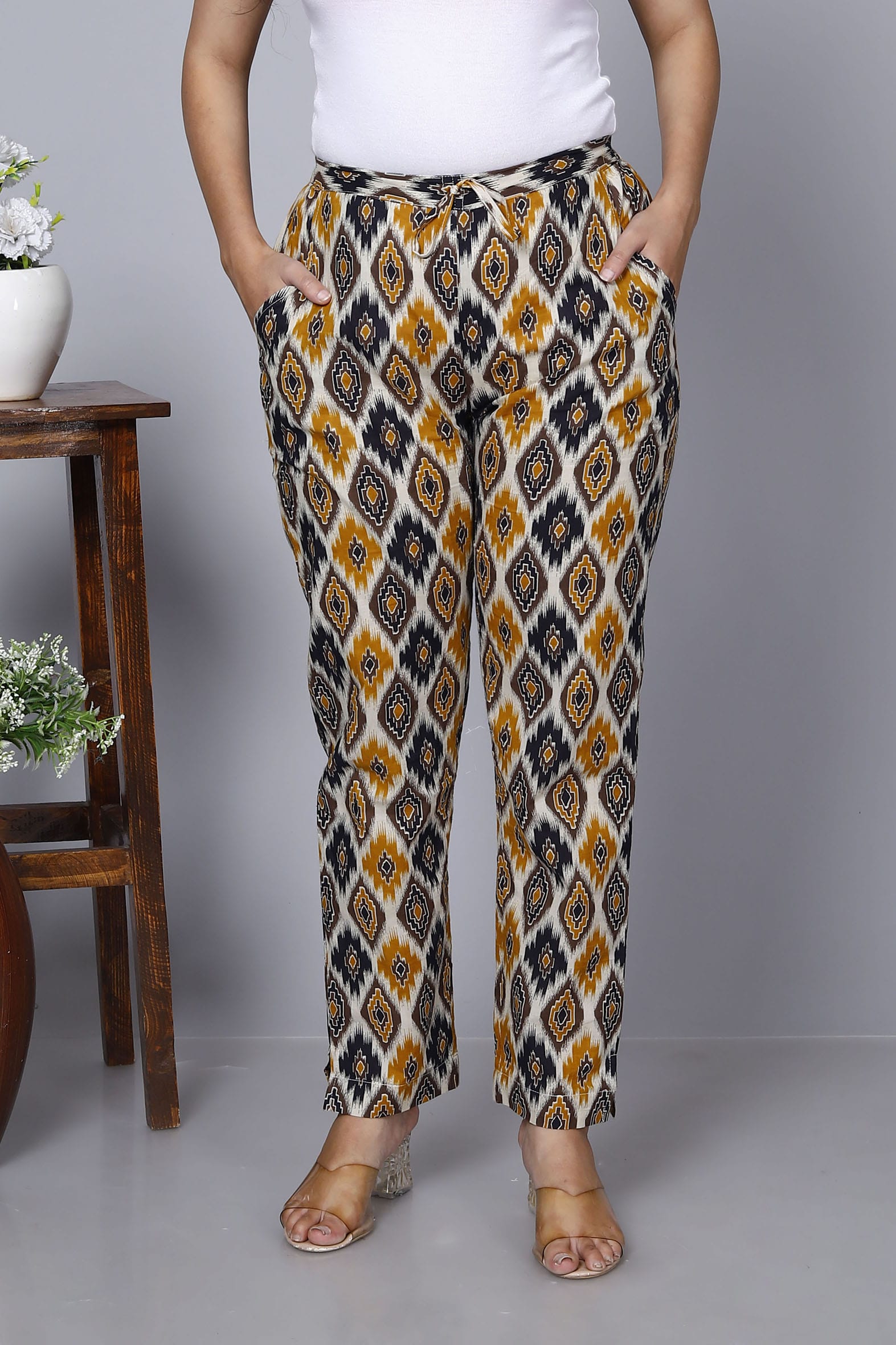 Beige Cotton Printed Ankle Length Pant