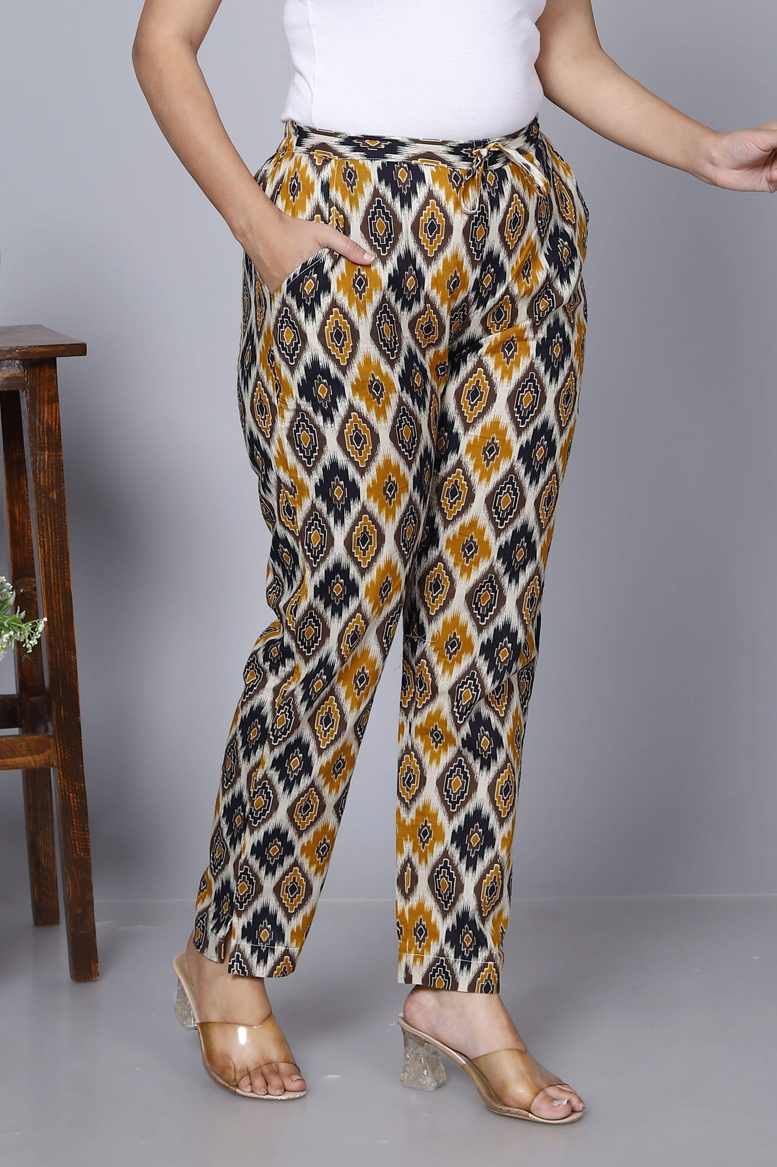 Beige Cotton Printed Ankle Length Pant