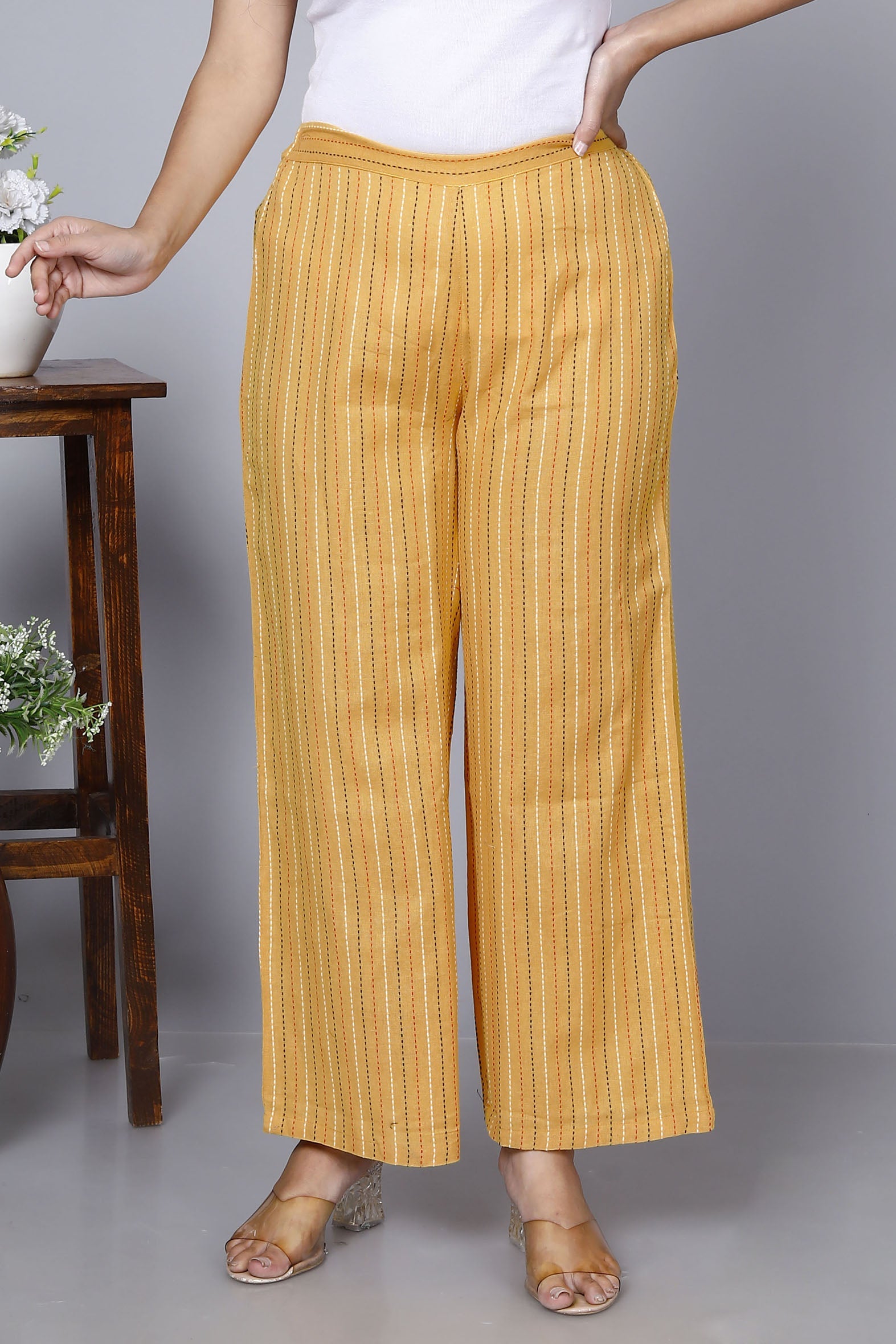 Yellow Stripped Printed Cotton Palazzo