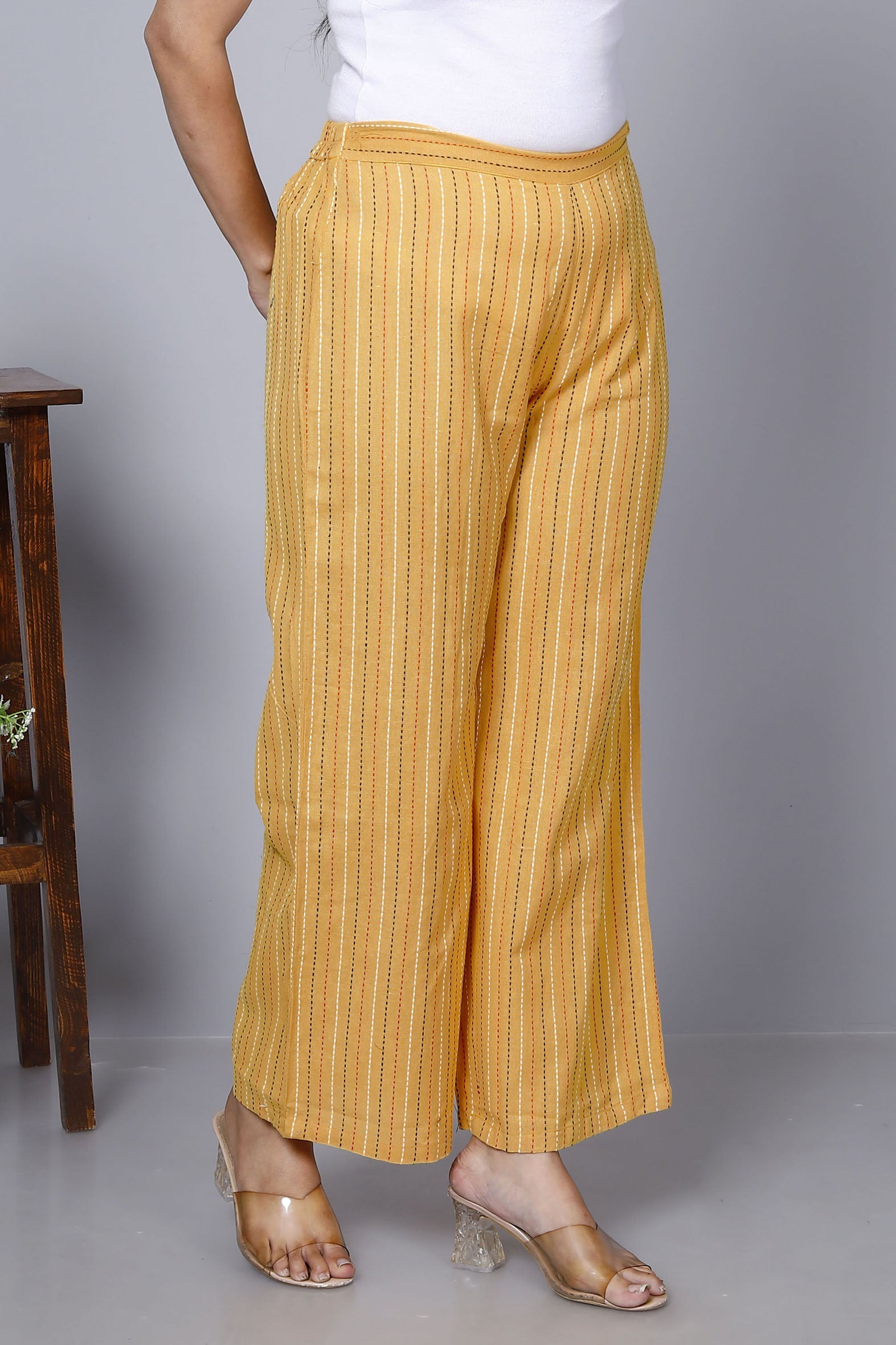 Yellow Stripped Printed Cotton Palazzo