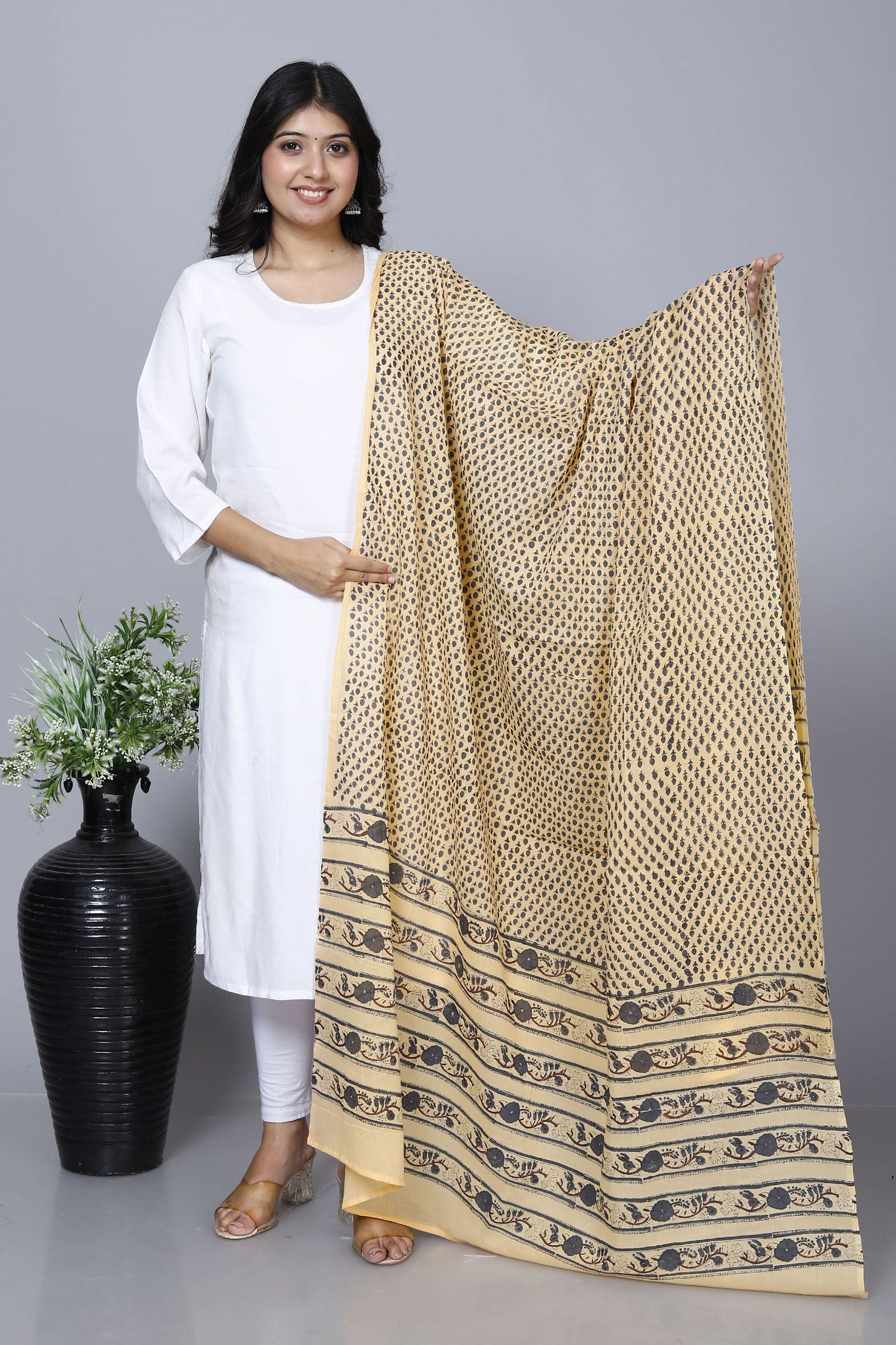 Beige Hand Block Printed Cotton Dupatta