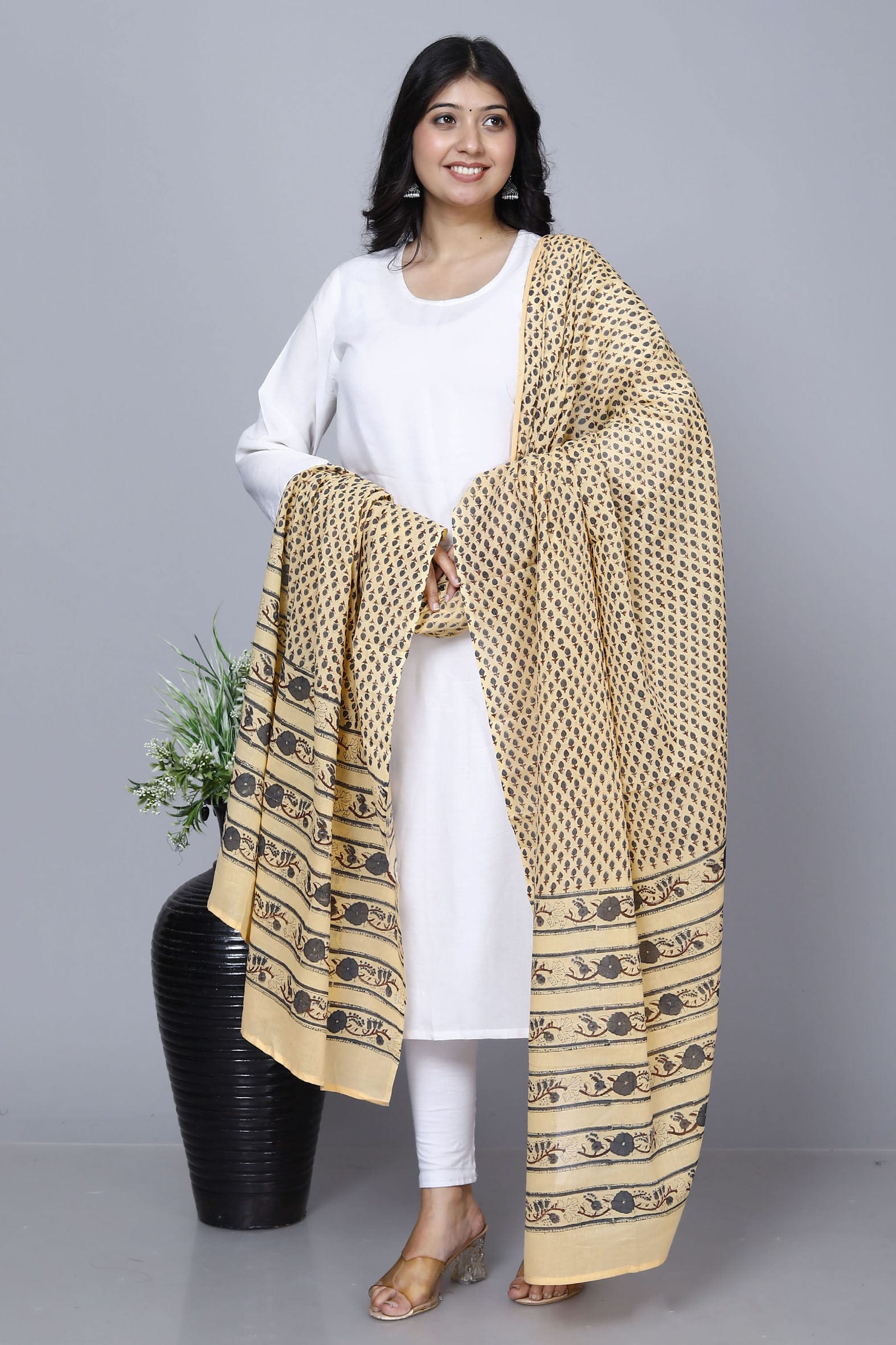 Beige Hand Block Printed Cotton Dupatta