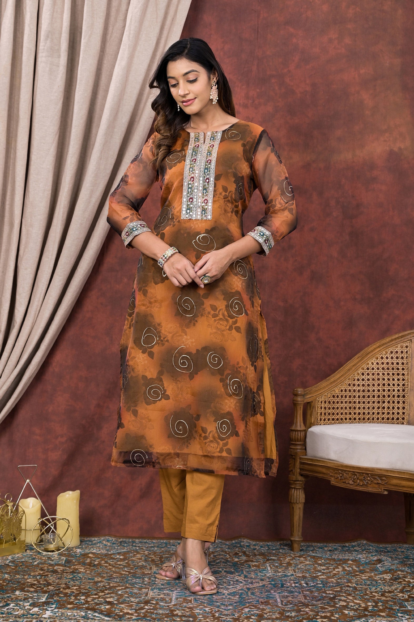 Brown Digital Printed Organza Kurta Pant Set