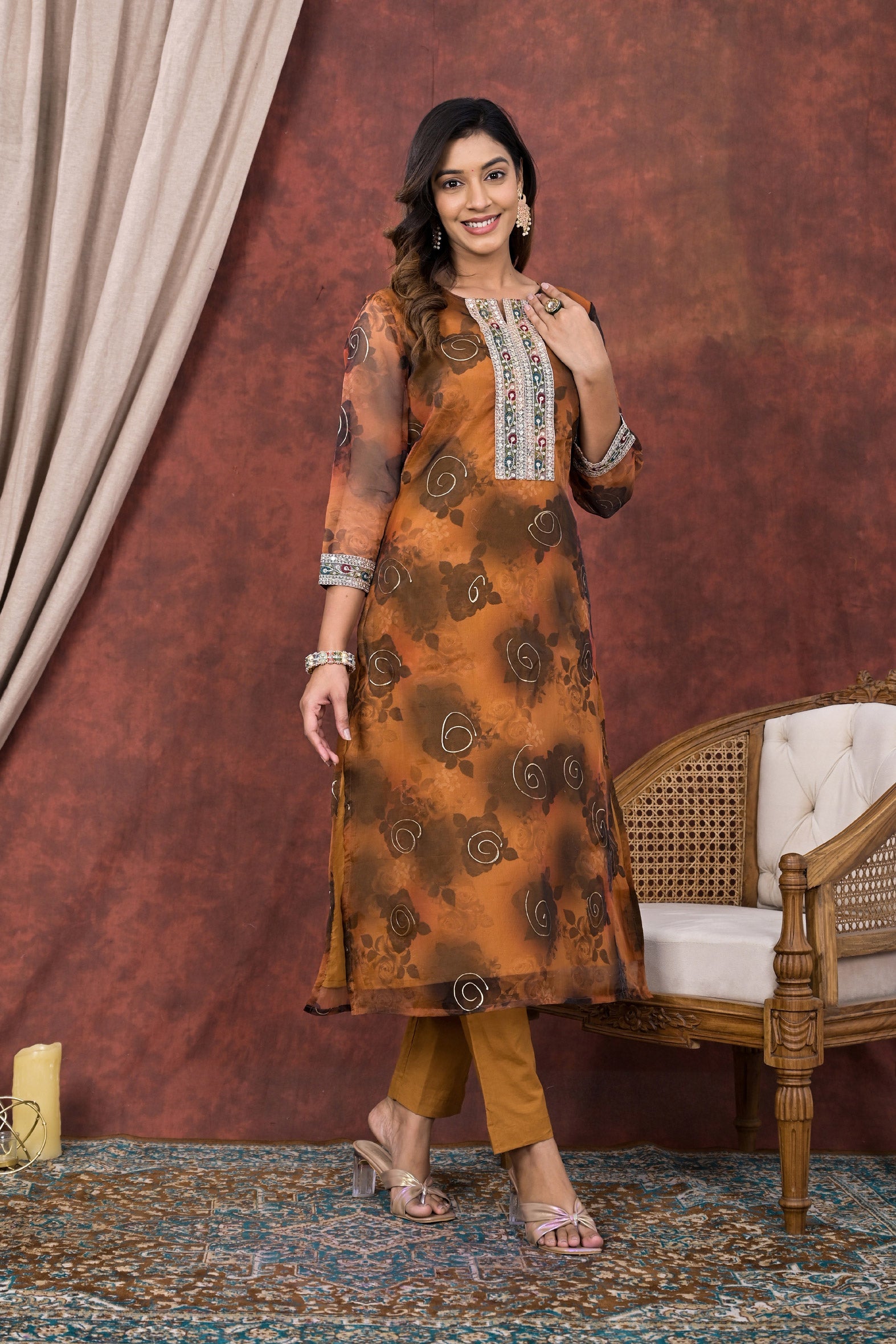 Brown Digital Printed Organza Kurta Pant Set