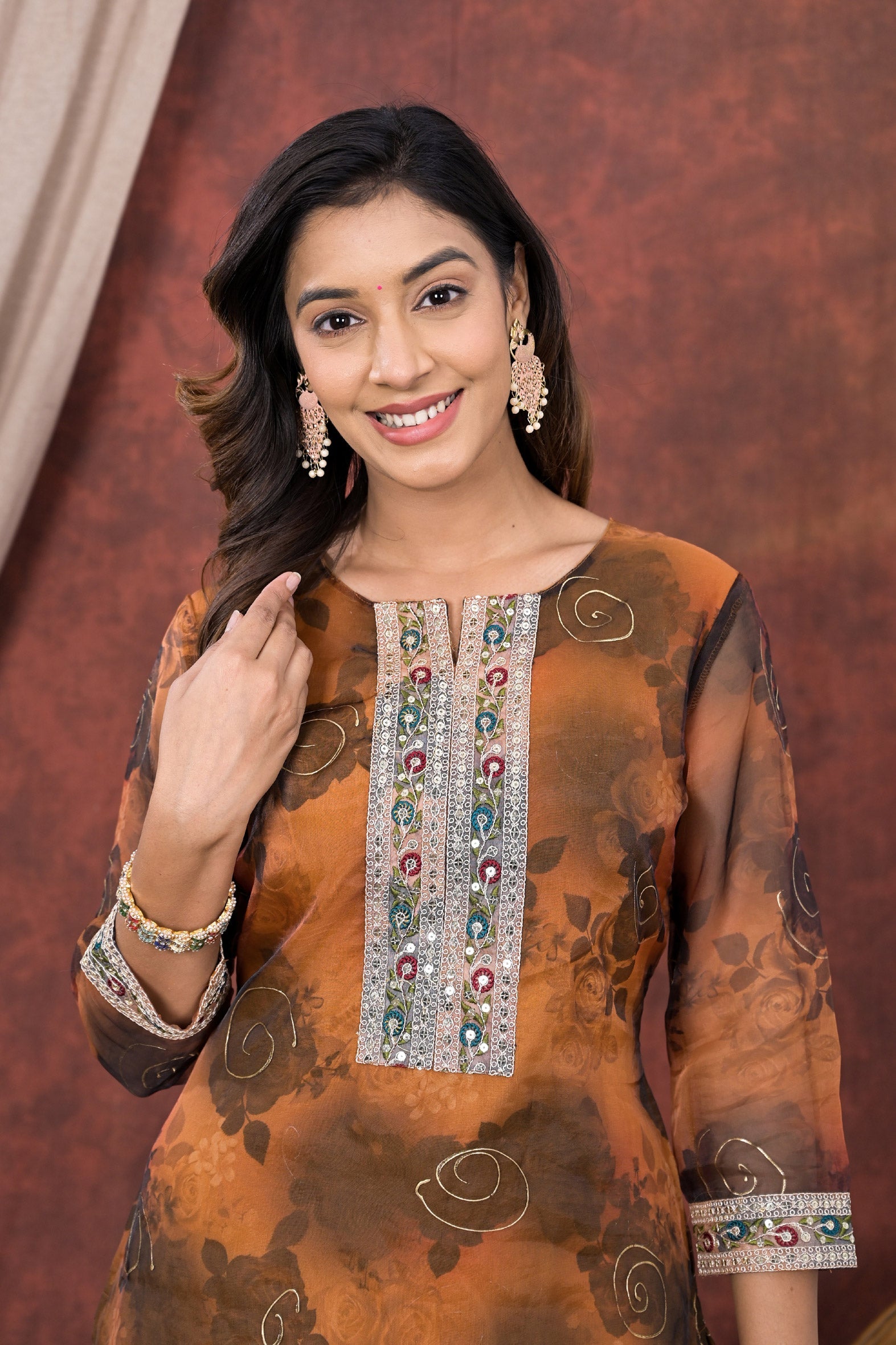 Brown Digital Printed Organza Kurta Pant Set