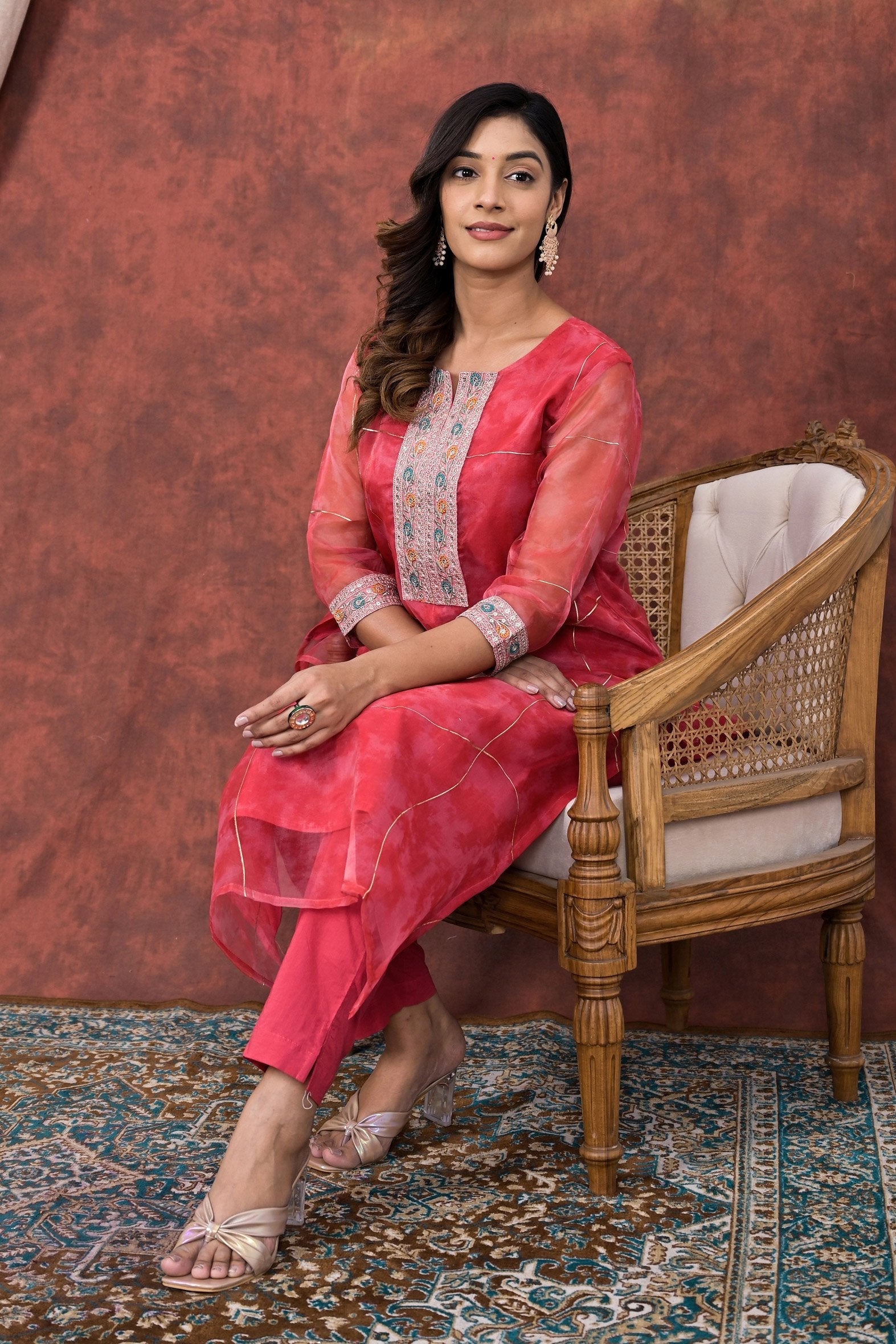 Pink Digital Printed Organza Kurta Pant Set