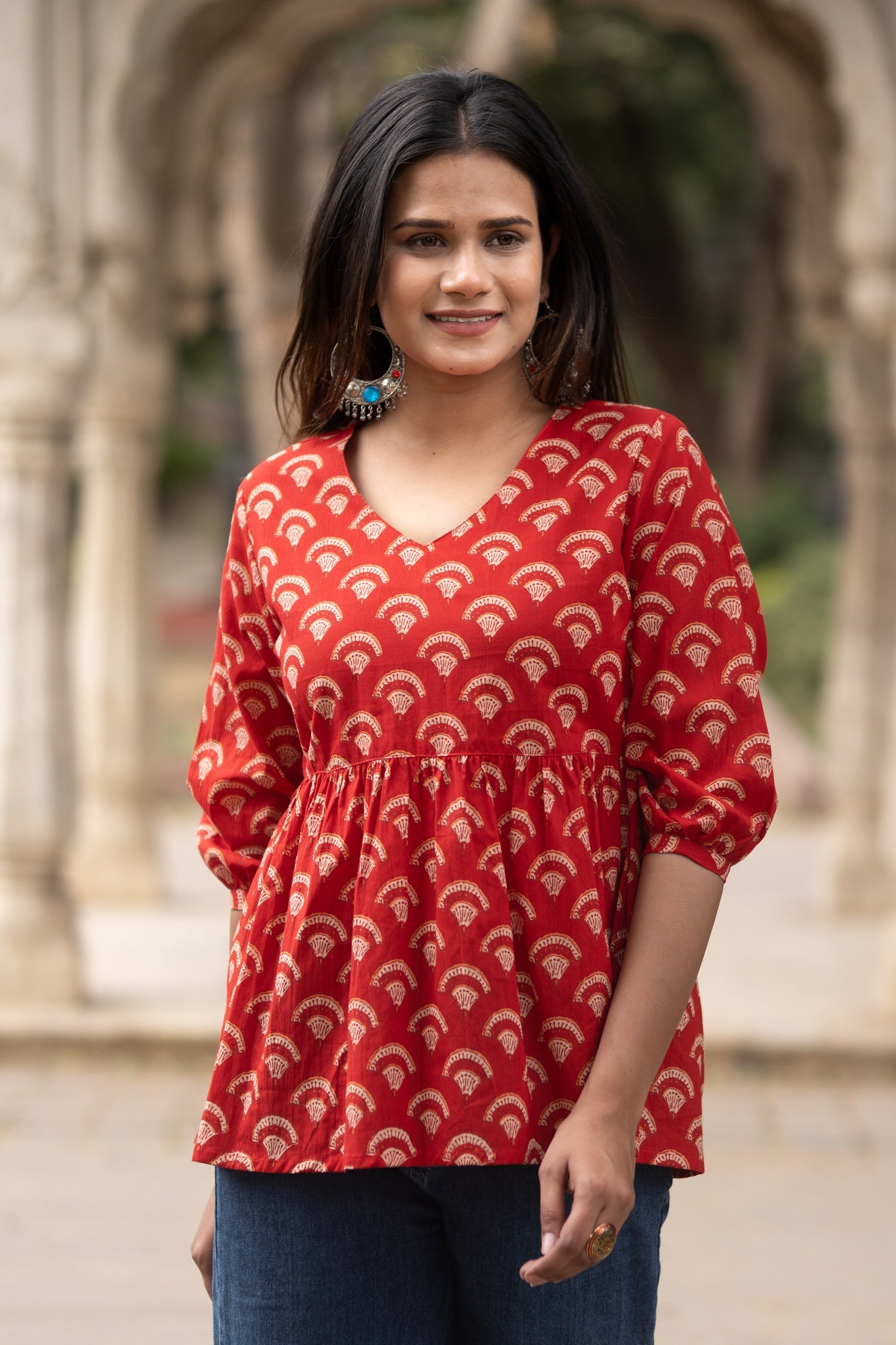 Red Flared Cotton Printed Short Top