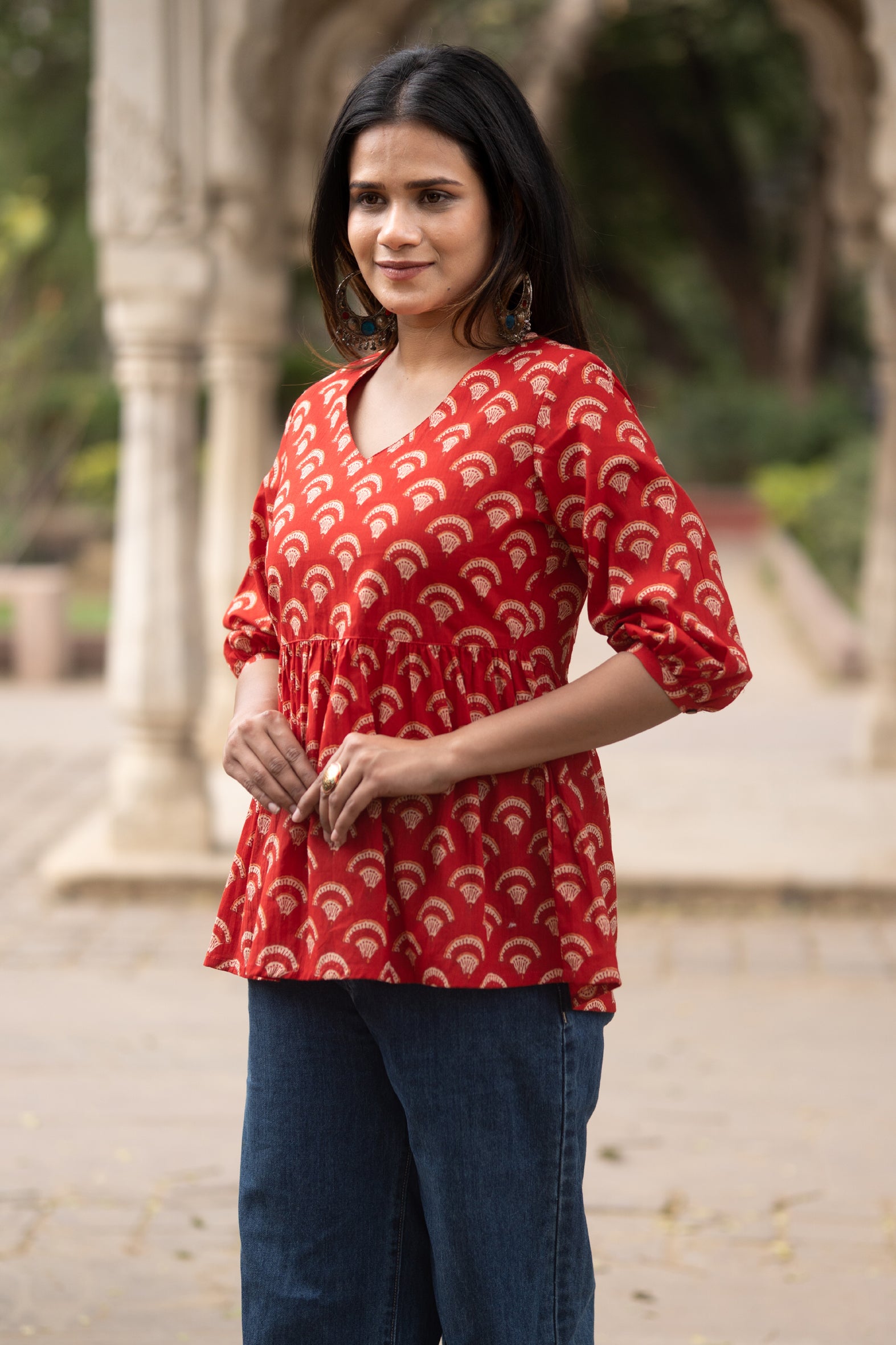 Red Flared Cotton Printed Short Top